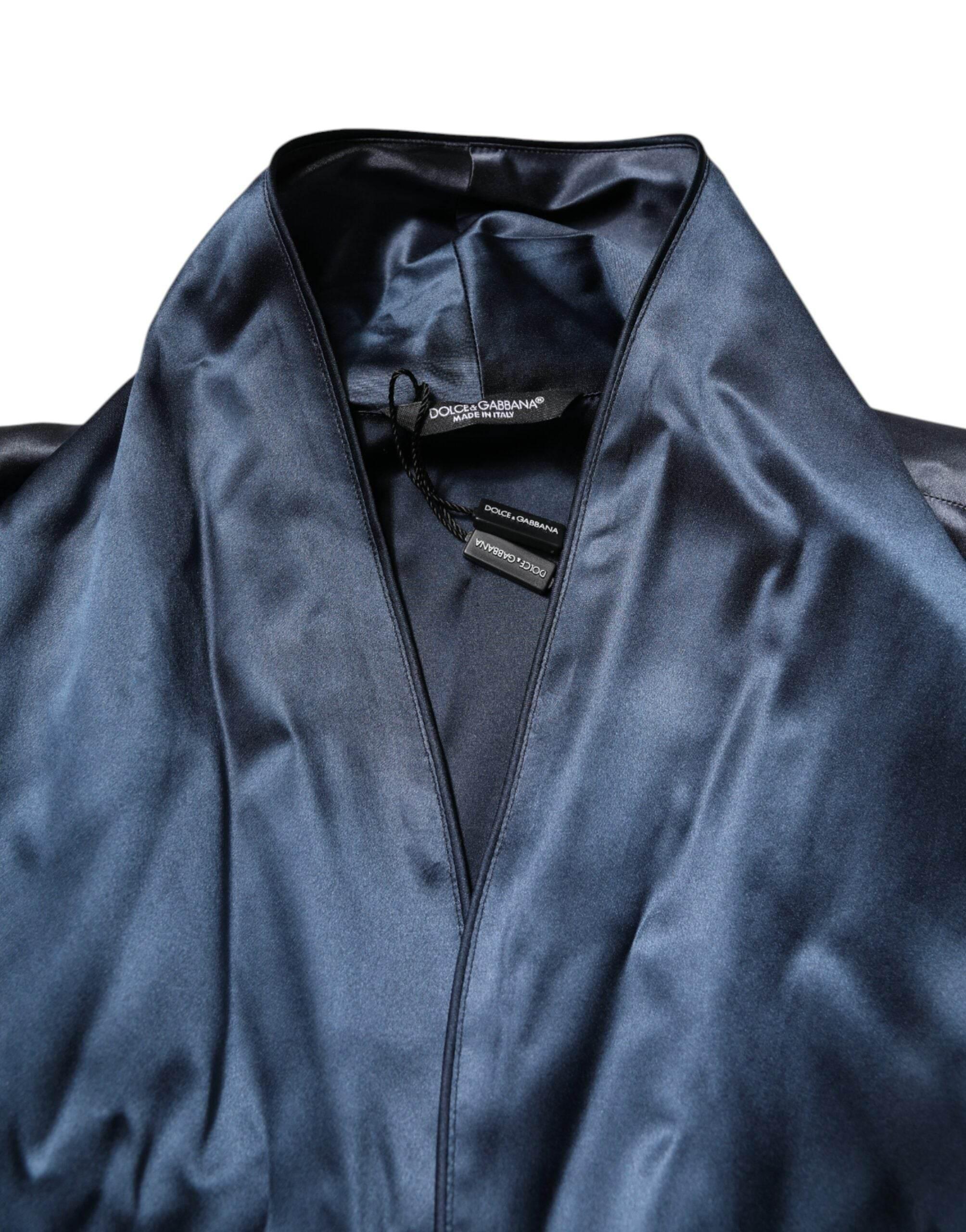Dolce & Gabbana Blue Solid Silk Men Wrap Robe Coat Jacket - Hilstor