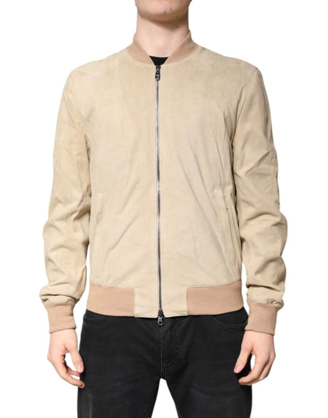 Dolce & Gabbana Beige Lambskin Full Zip Men Bomber Jacket - Hilstor