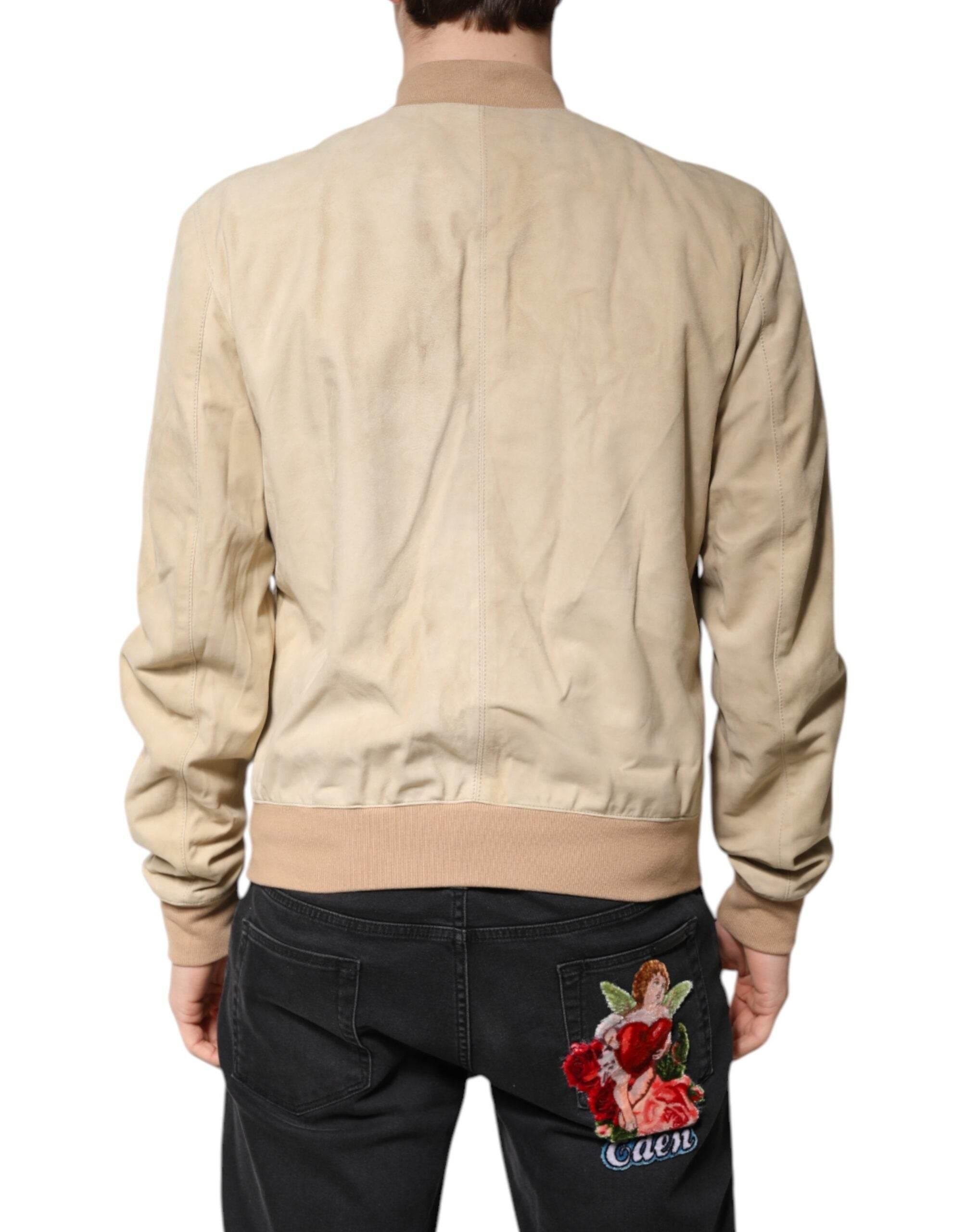 Dolce & Gabbana Beige Lambskin Full Zip Men Bomber Jacket - Hilstor