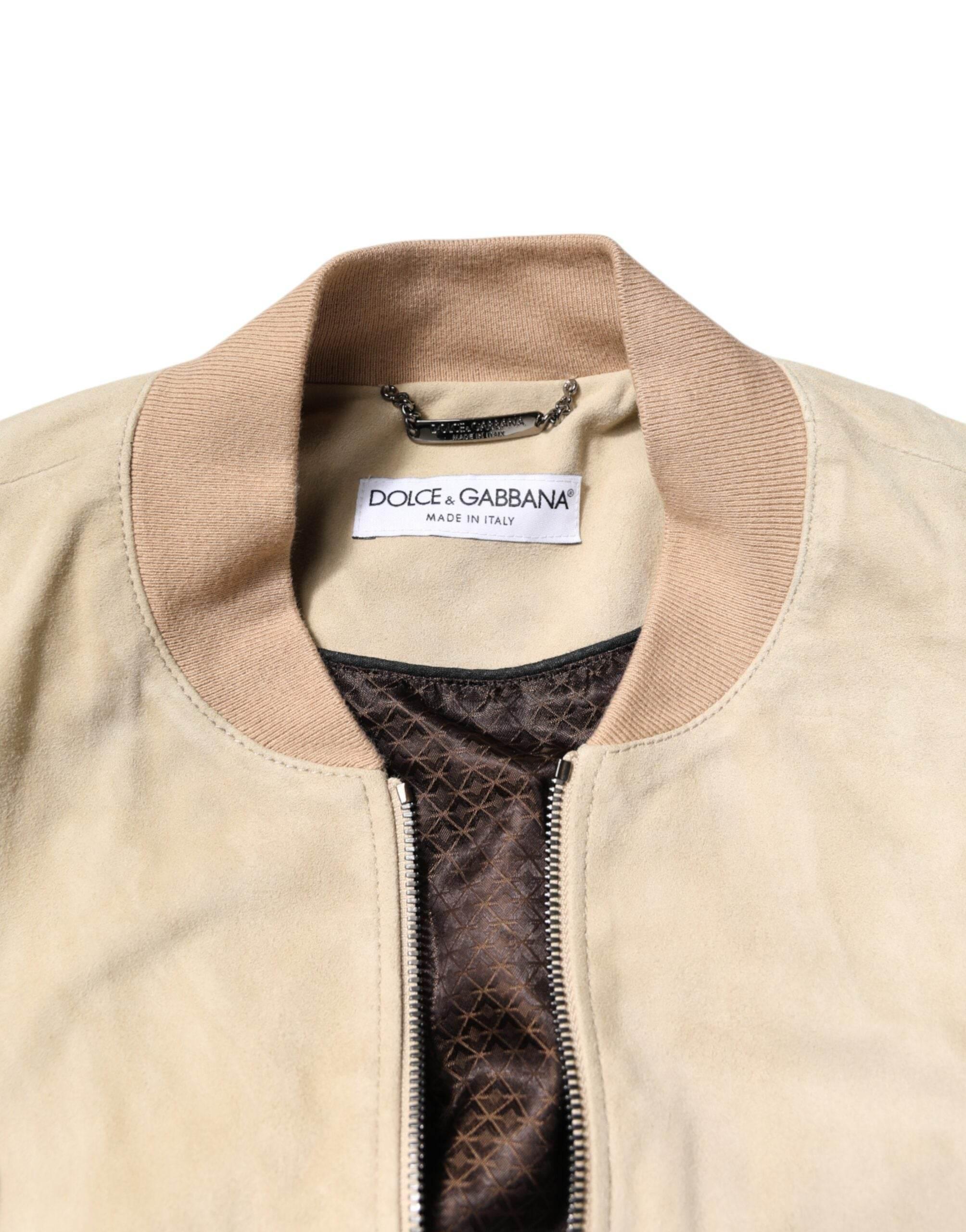 Dolce & Gabbana Beige Lambskin Full Zip Men Bomber Jacket - Hilstor