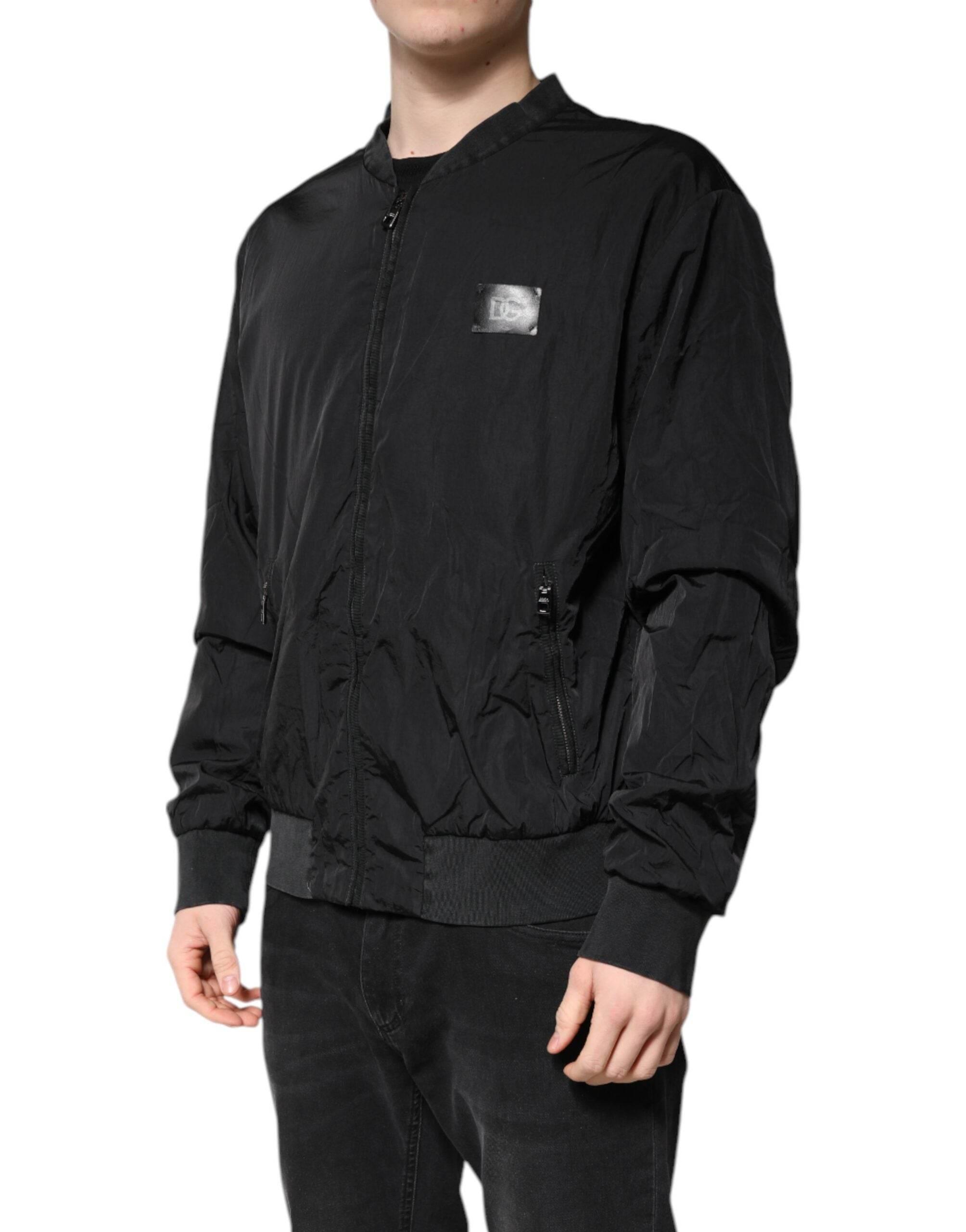 Dolce & Gabbana Black Nylon Logo Full Zip Bomber Jacket - Hilstor