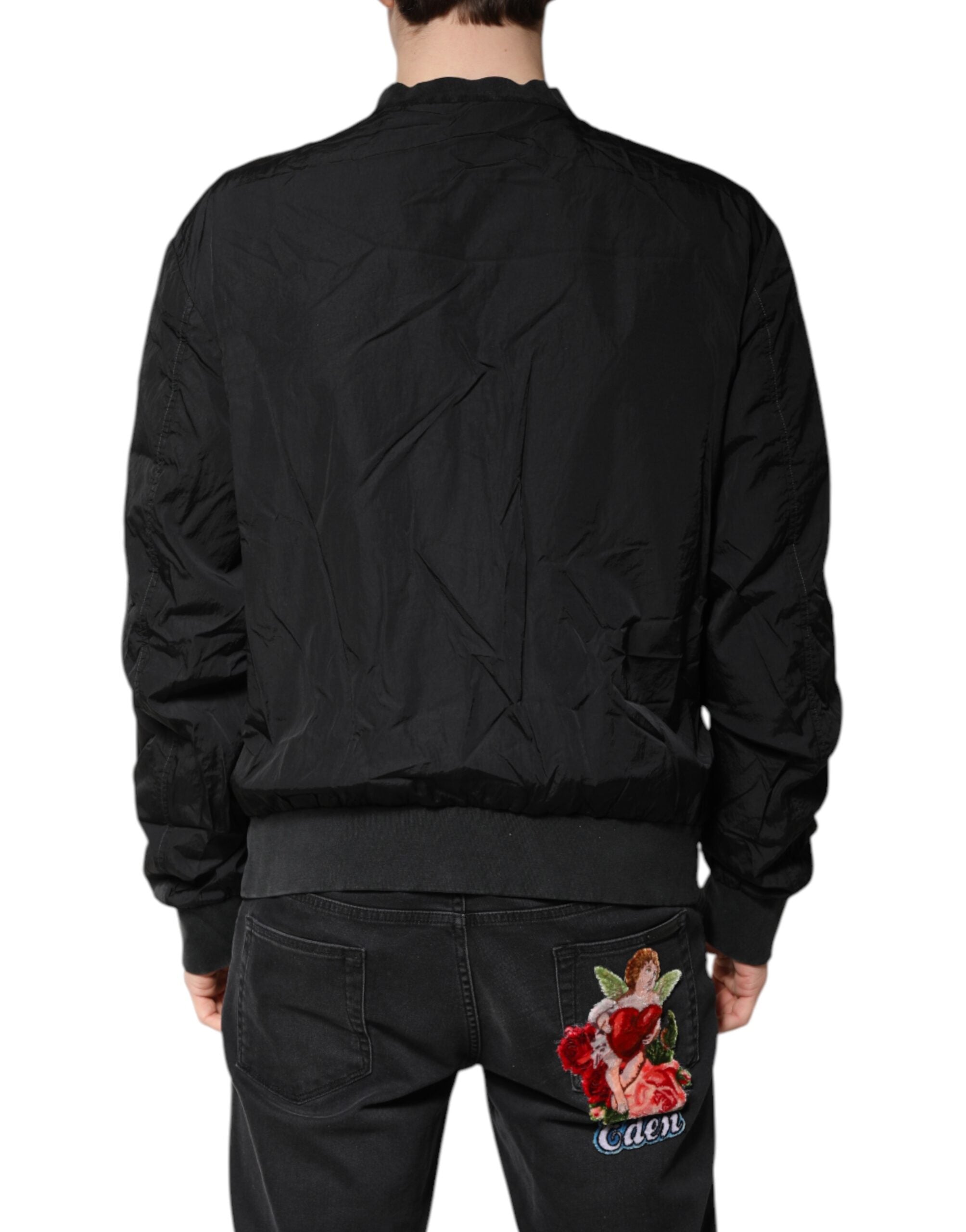 Dolce &amp; Gabbana sort nylon-bomberjakke med logo og lynlås