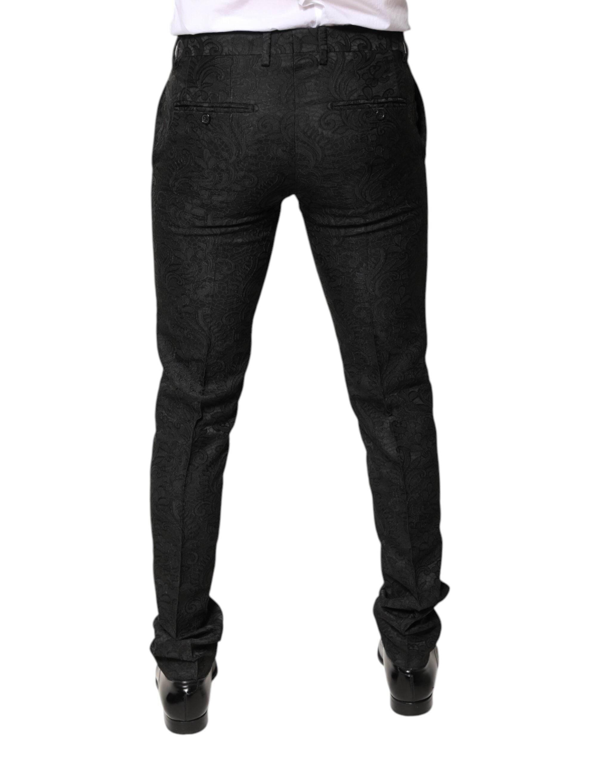 Dolce & Gabbana Black Floral Jacquard Mid Waist Dress Pants - Hilstor