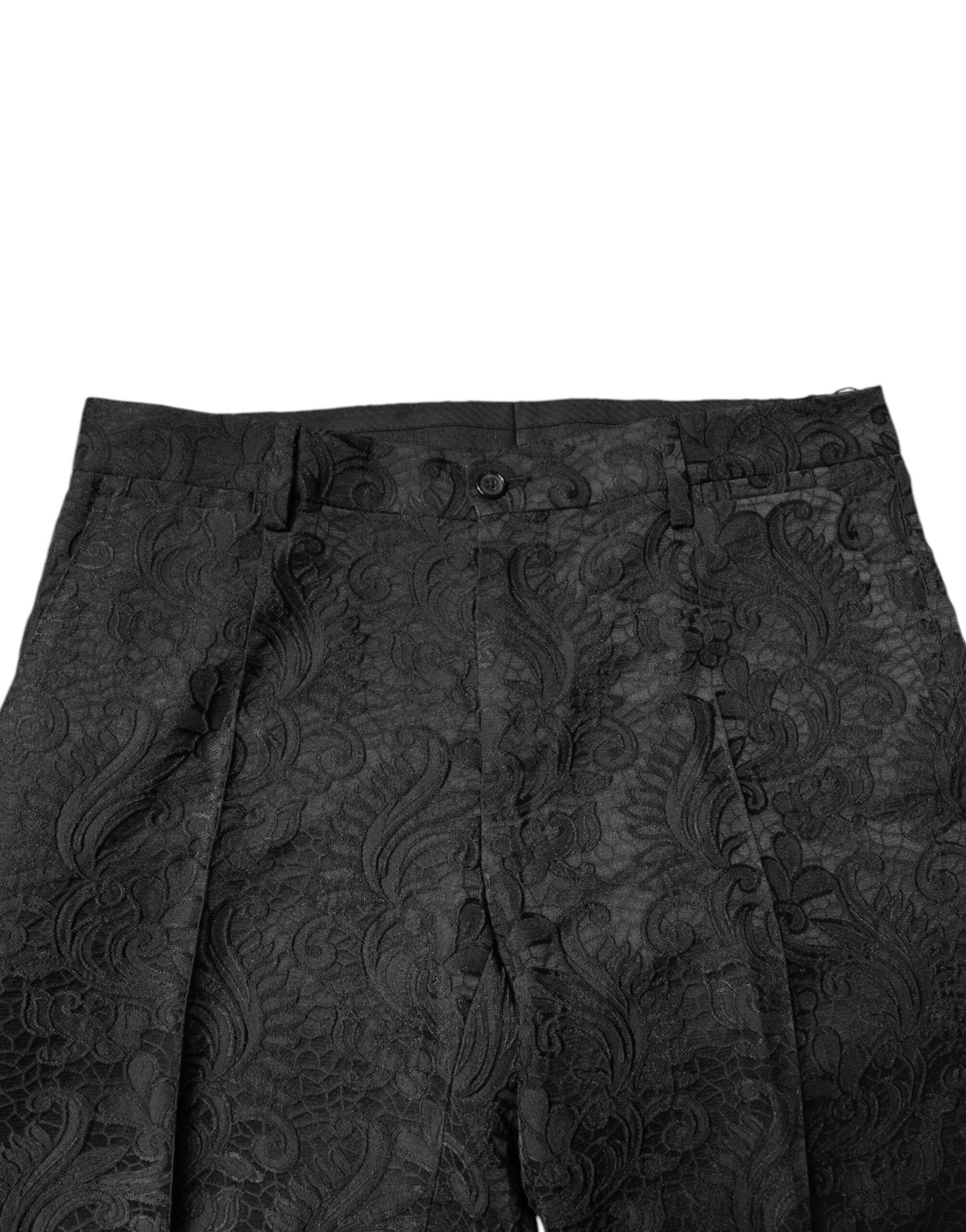 Dolce & Gabbana Black Floral Jacquard Mid Waist Dress Pants - Hilstor