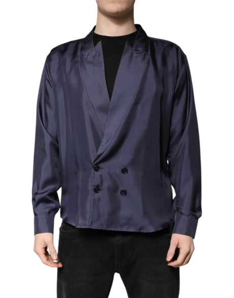 Dolce & Gabbana Dark Blue Silk Double Breasted Shirt - Hilstor