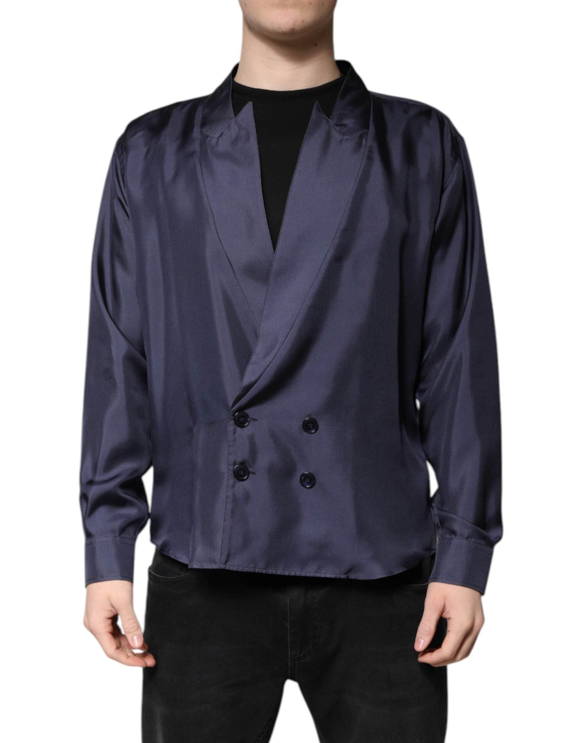 Dolce & Gabbana Dark Blue Silk Double Breasted Shirt - Hilstor