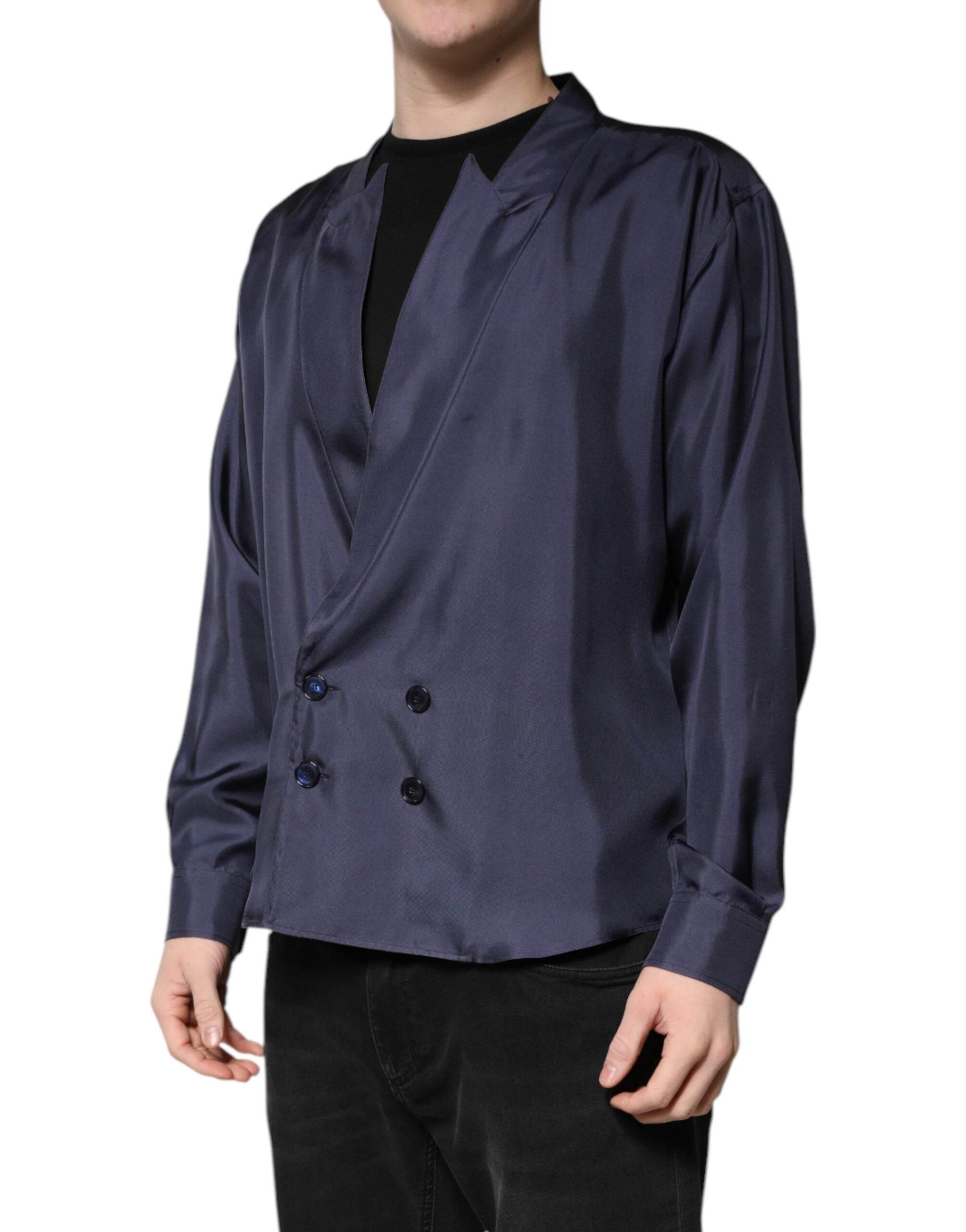 Dolce & Gabbana Dark Blue Silk Double Breasted Shirt - Hilstor