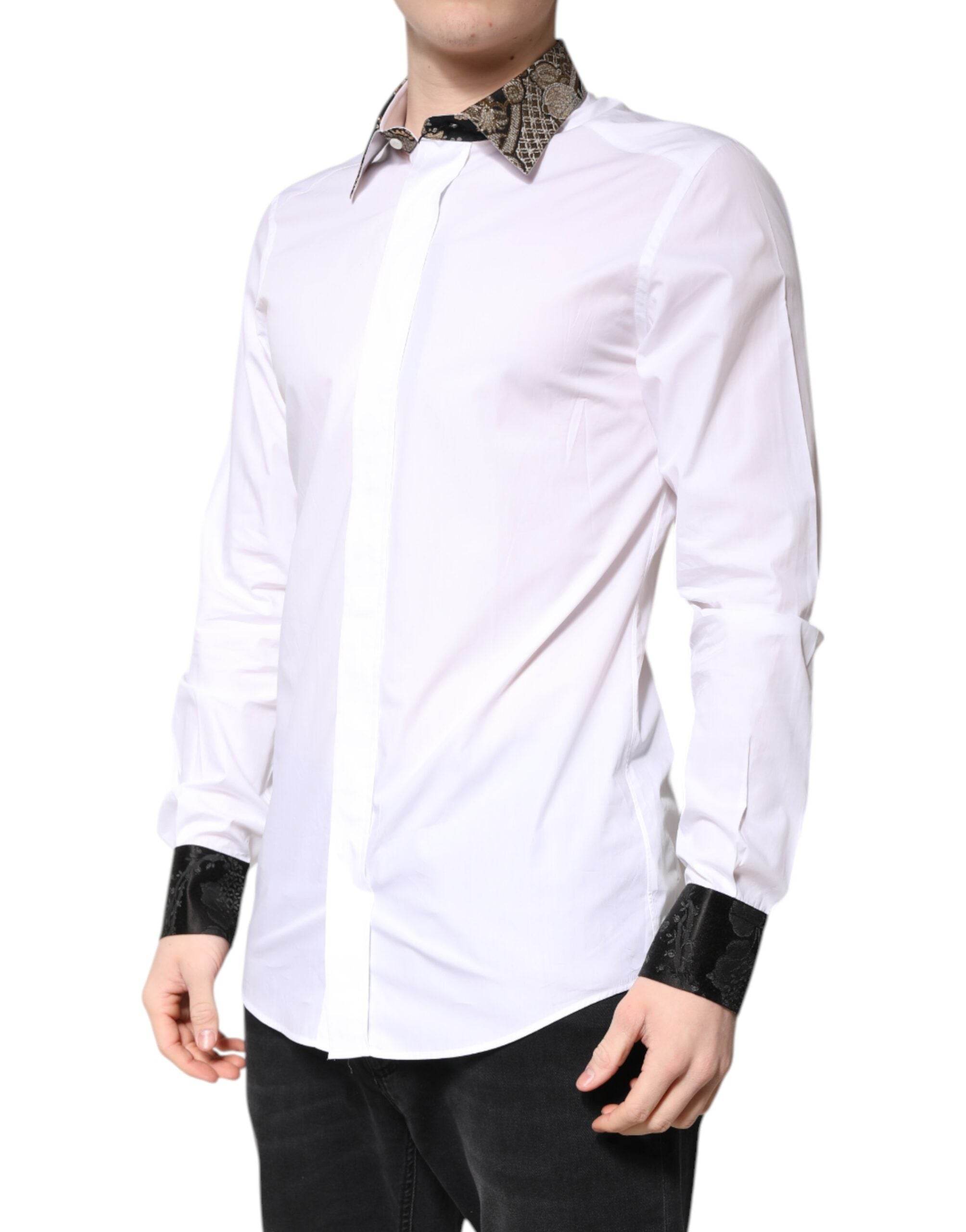 Dolce & Gabbana White Cotton GOLD Men Dress Formal Shirt - Hilstor