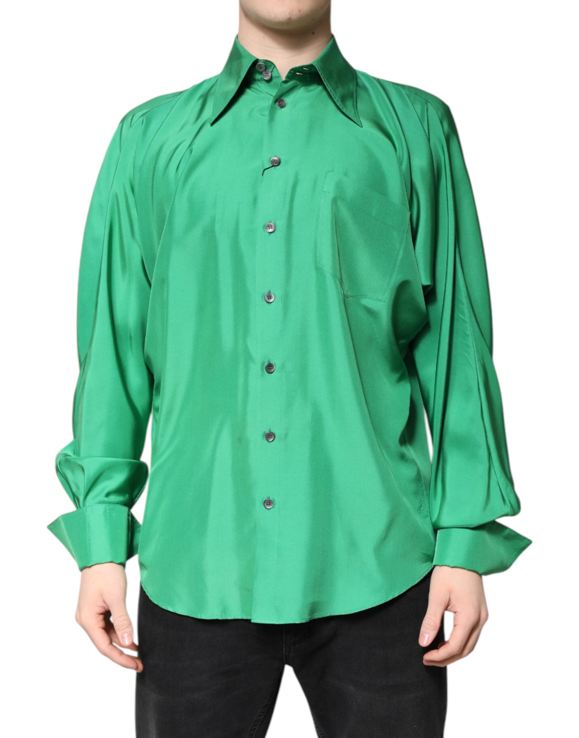 Dolce &amp; Gabbana Grön Sidensatin Långärmad Casual Skjorta