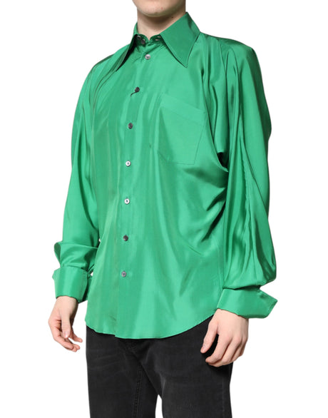Dolce &amp; Gabbana Grön Sidensatin Långärmad Casual Skjorta