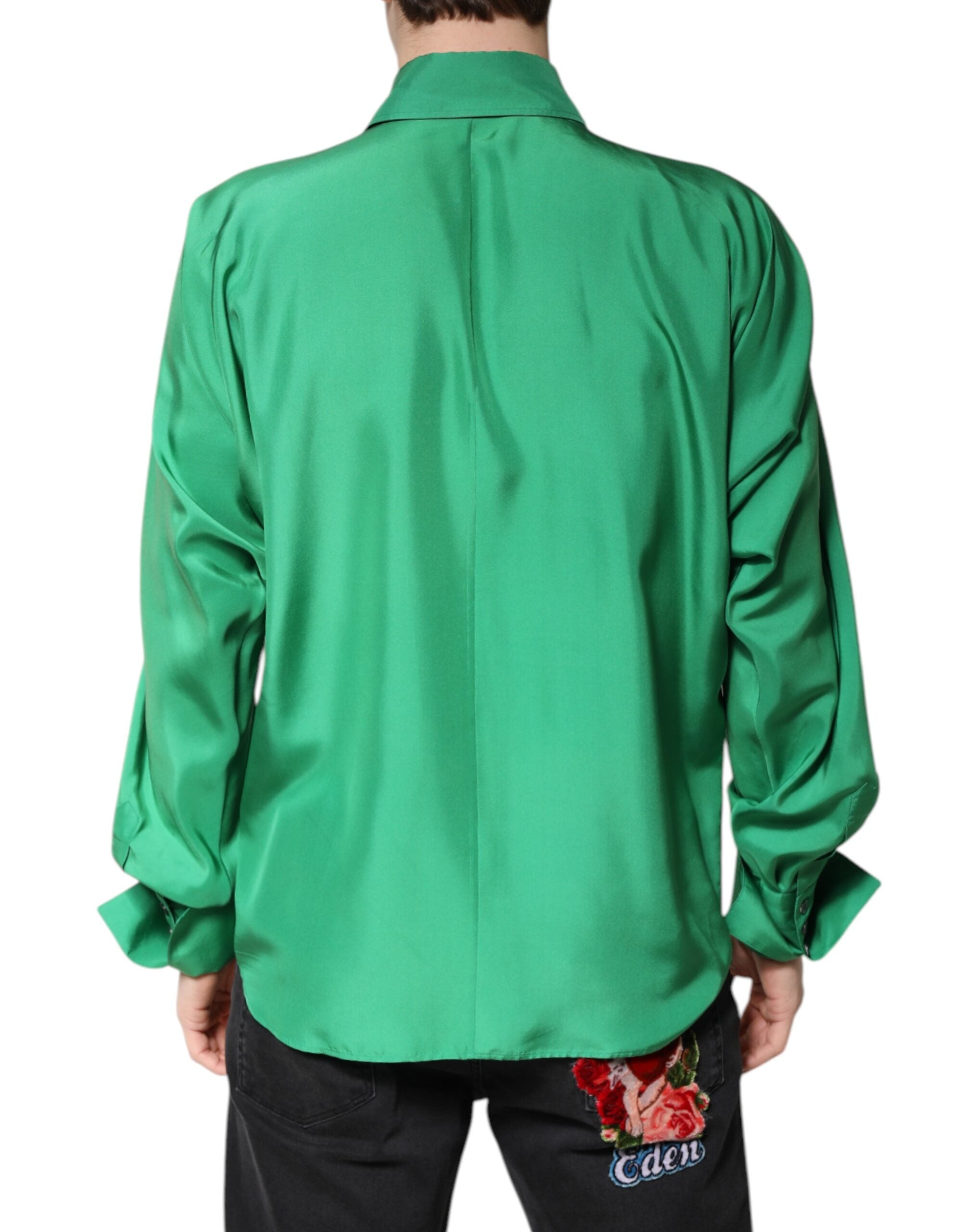 Dolce &amp; Gabbana Grön Sidensatin Långärmad Casual Skjorta