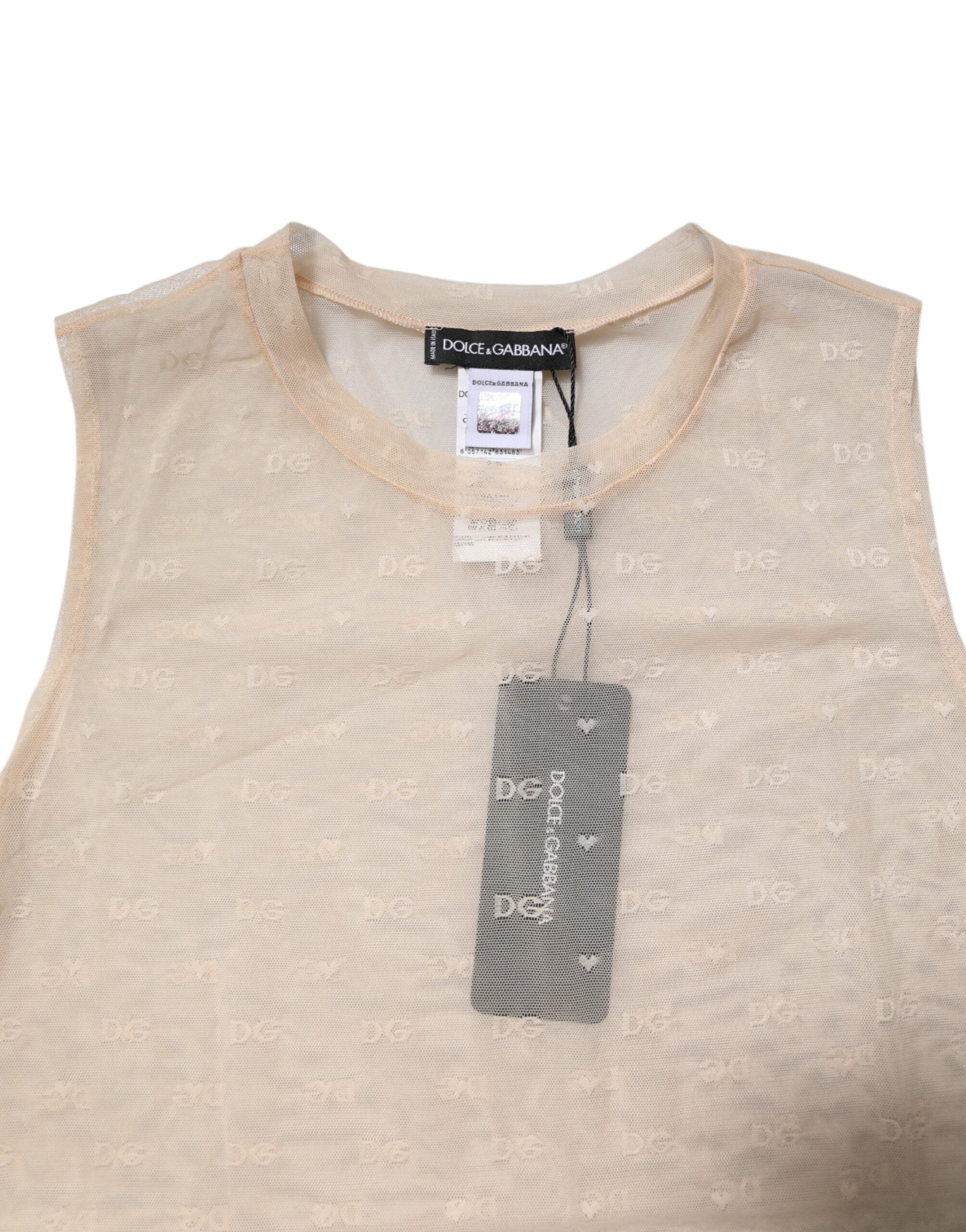 Dolce &amp; Gabbana Elfenbensfarvet Nylon Logo Gennemsigtig Ærmeløs Tanktop