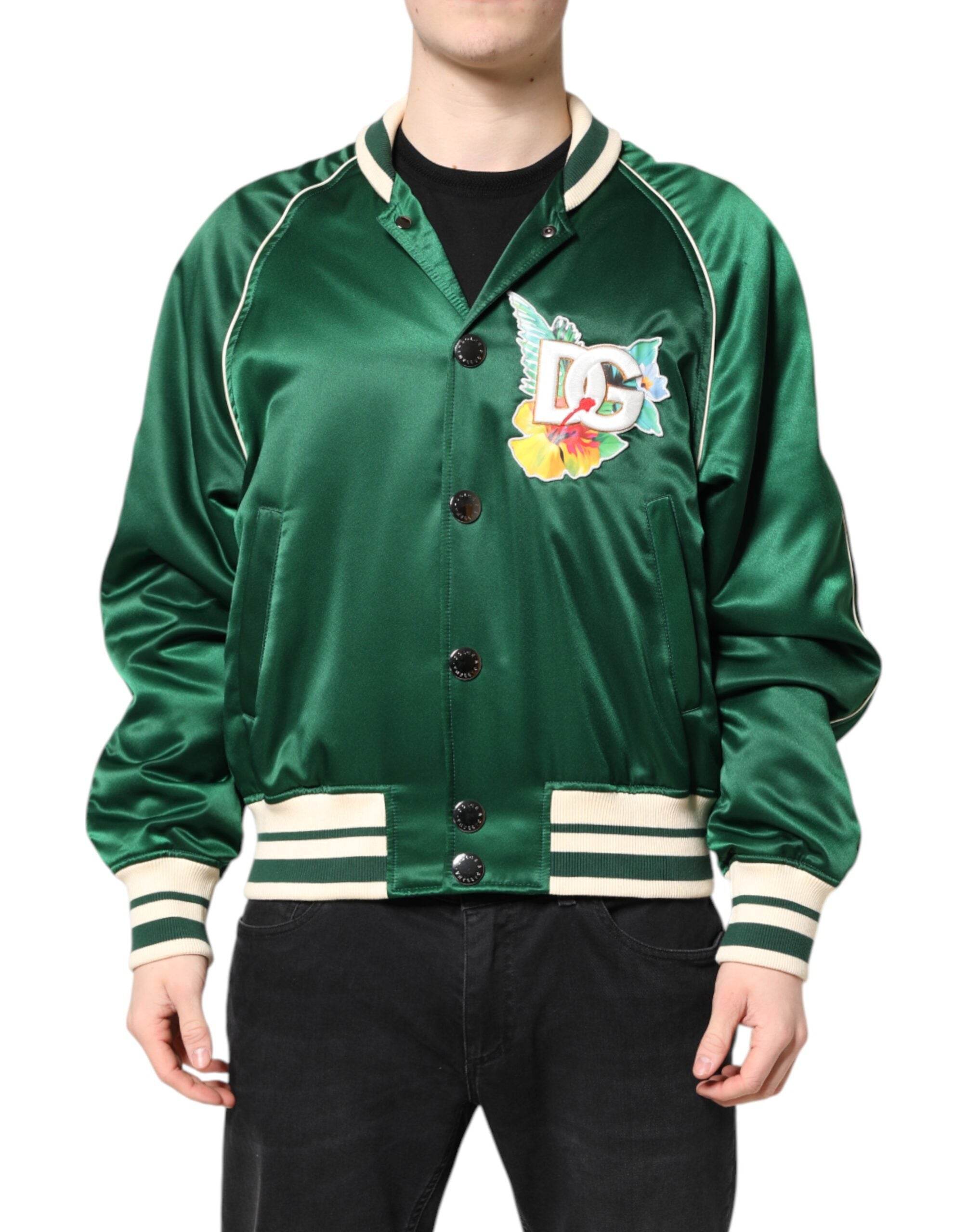 Dolce & Gabbana Green Floral DG Logo Full Zip Bomber Jacket - Hilstor