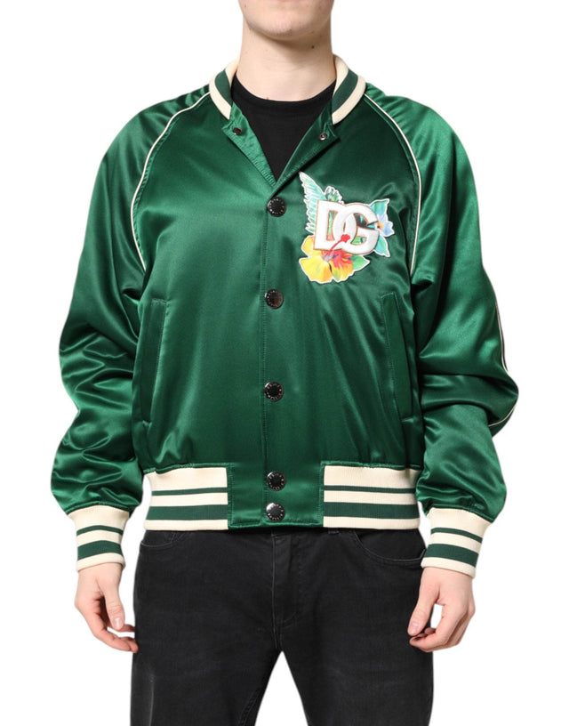 Dolce & Gabbana Green Floral DG Logo Full Zip Bomber Jacket - Hilstor