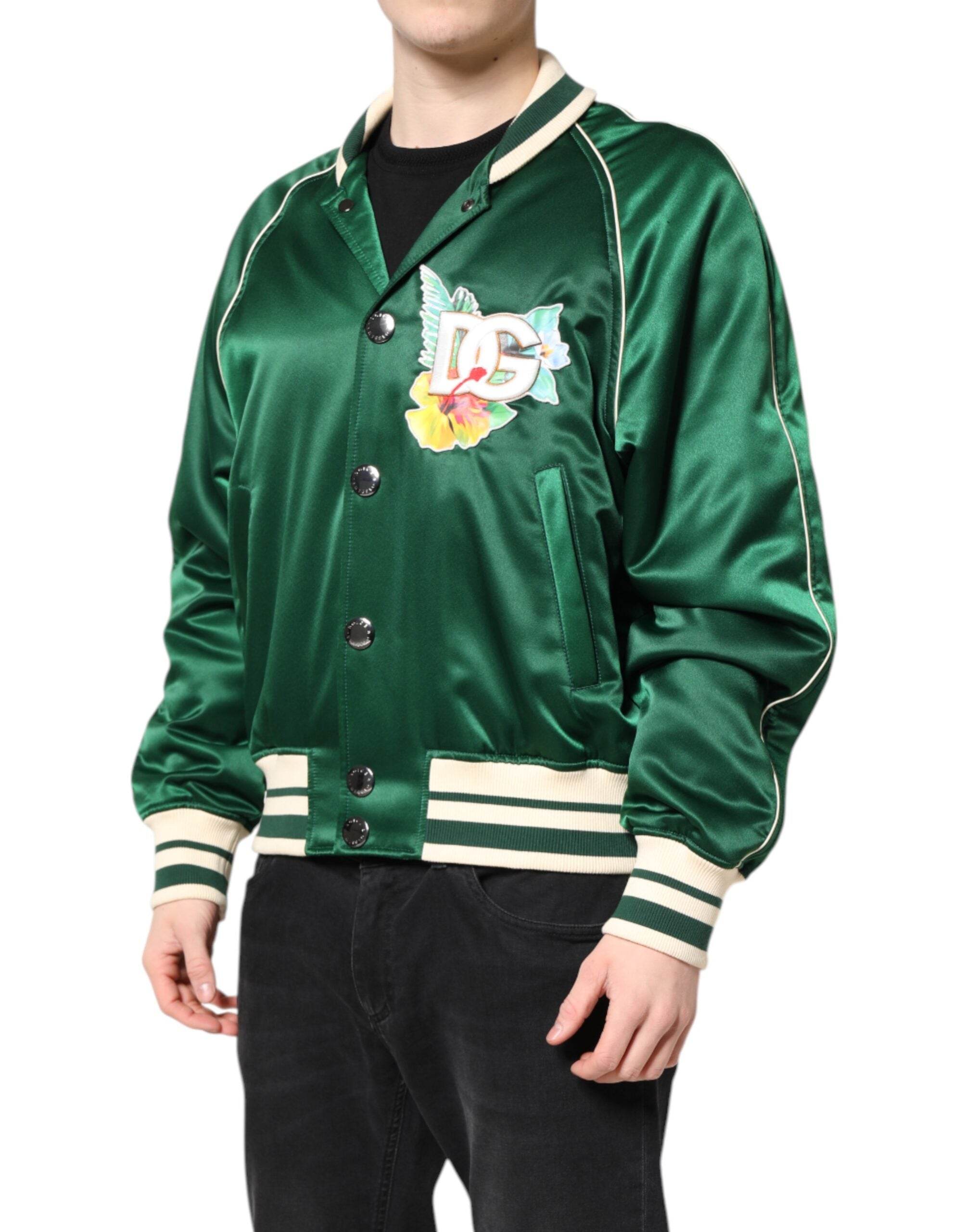 Dolce & Gabbana Green Floral DG Logo Full Zip Bomber Jacket - Hilstor