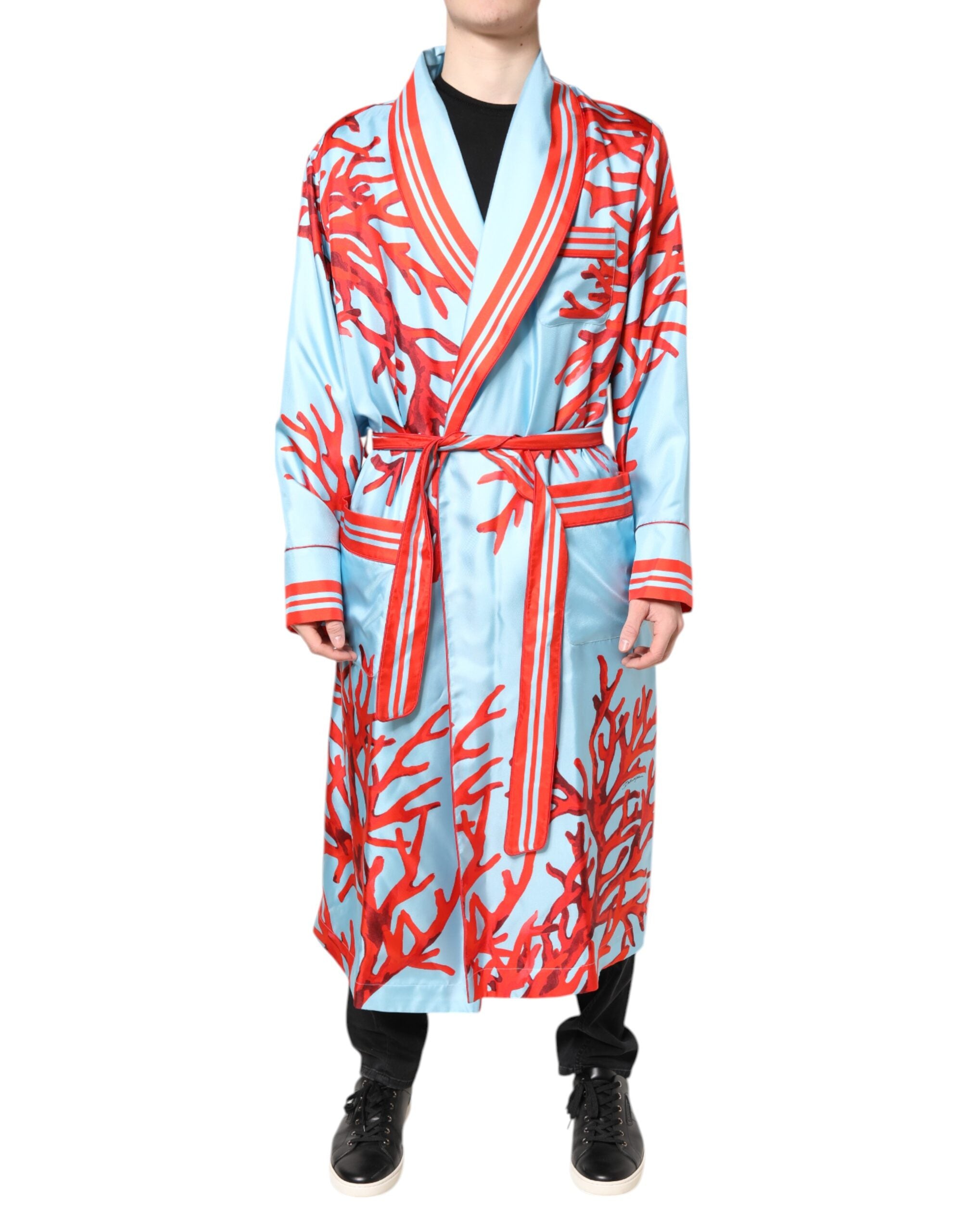 Dolce &amp; Gabbana Blå Rød Koral Print Wrap Robe Coat Jakke