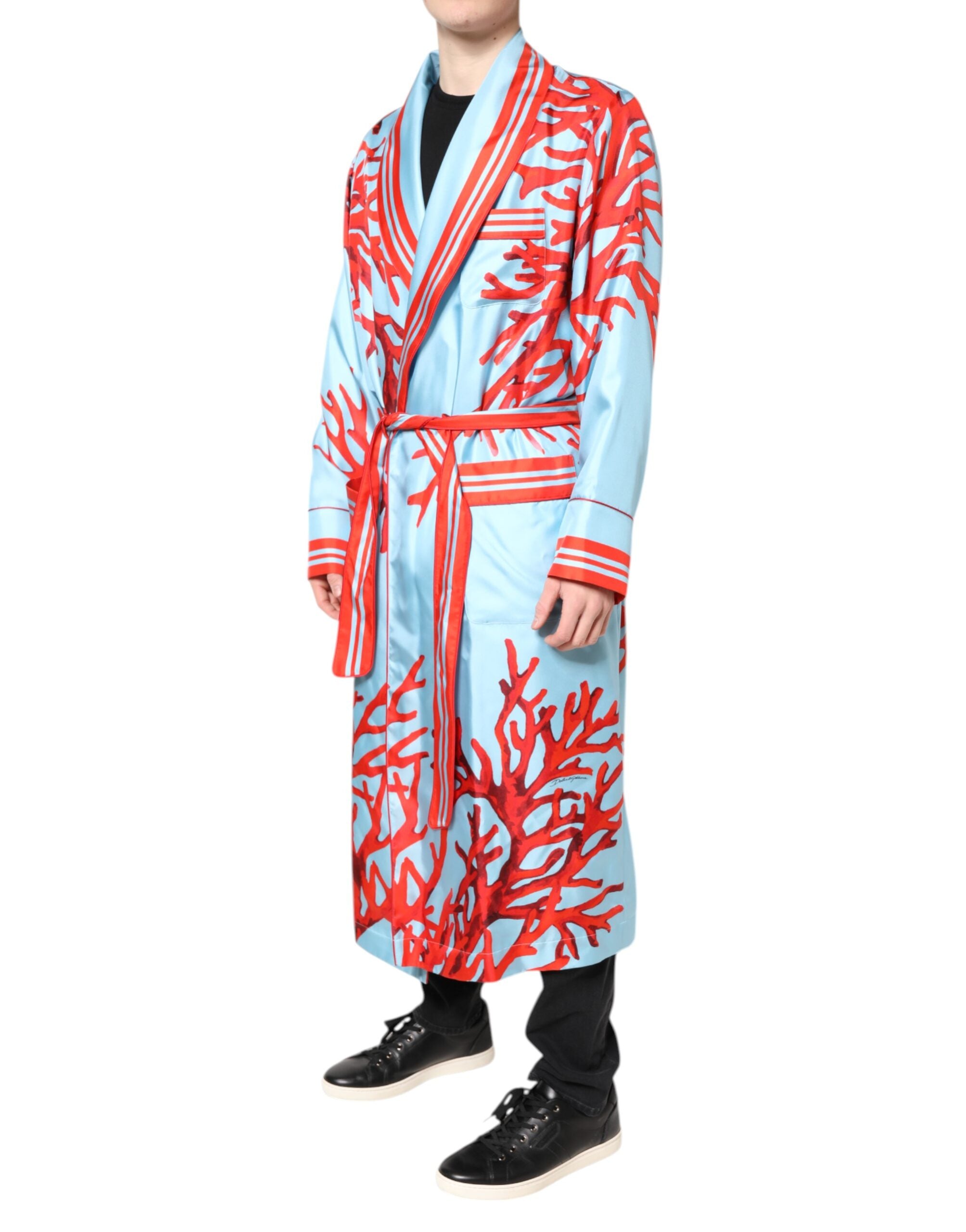 Dolce &amp; Gabbana Blå Rød Koral Print Wrap Robe Coat Jakke