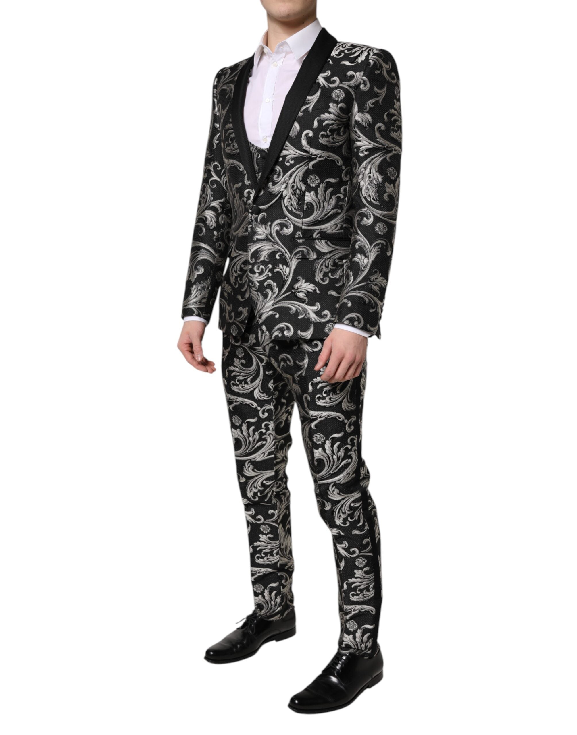 Dolce &amp; Gabbana Sort Grå MARTINI Jacquard Herre 3-delt Jakkesæt