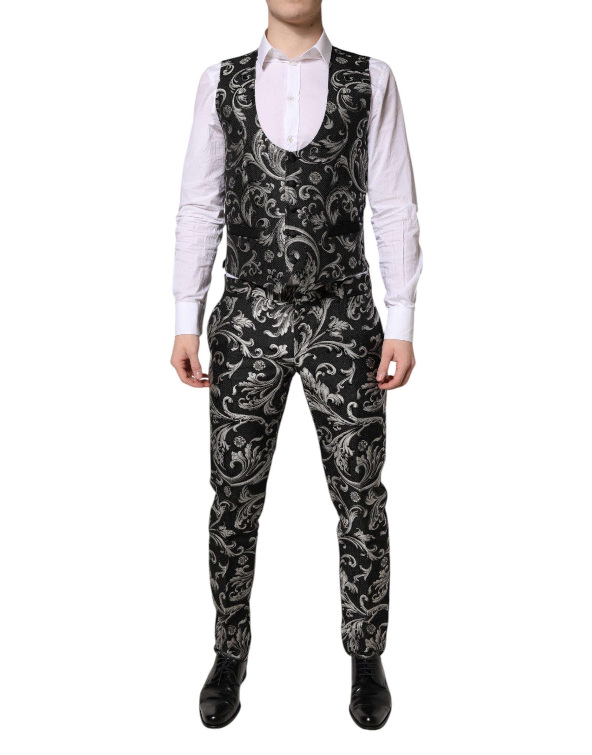 Dolce &amp; Gabbana Sort Grå MARTINI Jacquard Herre 3-delt Jakkesæt
