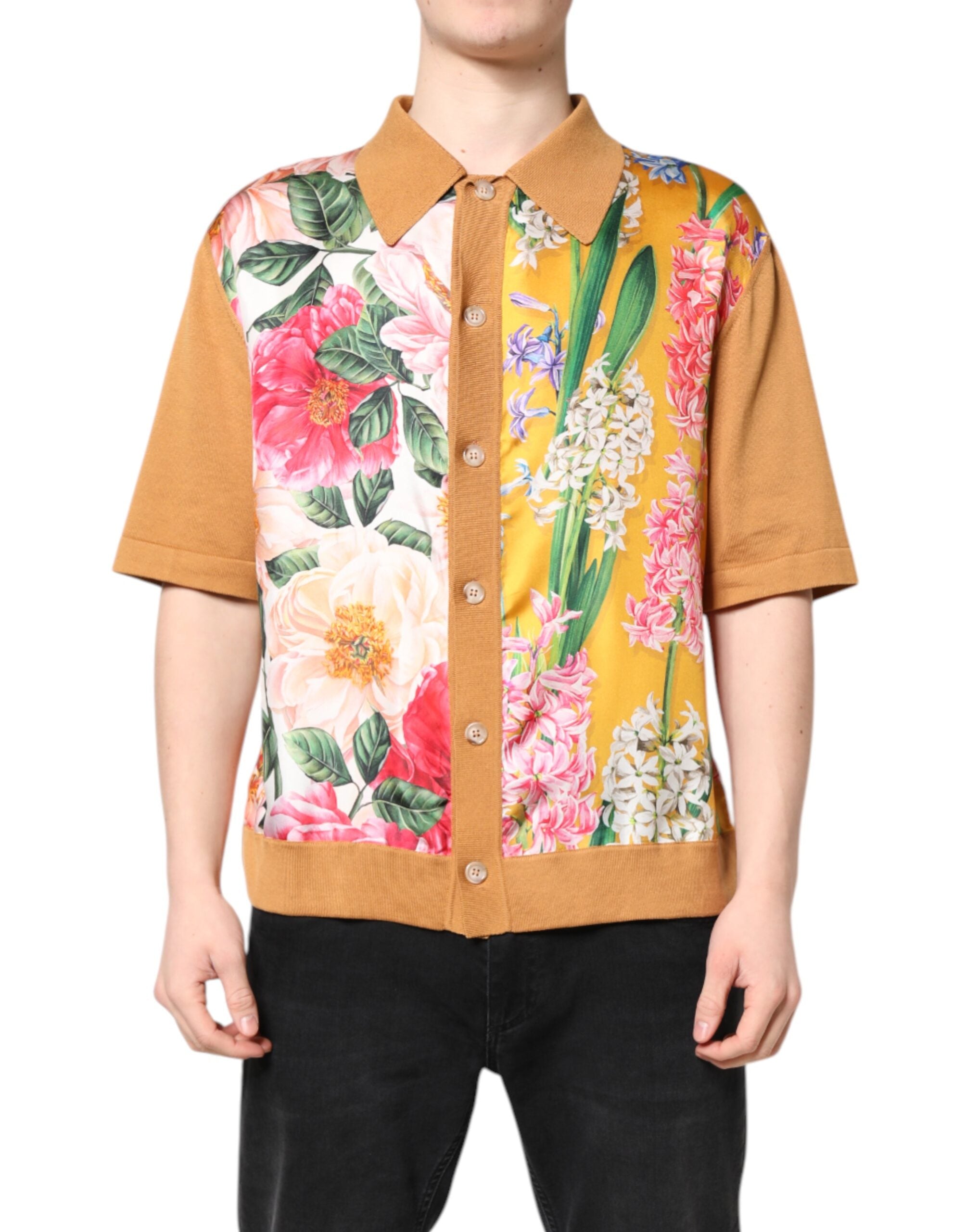 Dolce &amp; Gabbana Brun T-shirt med korte ærmer og blomsterkrave