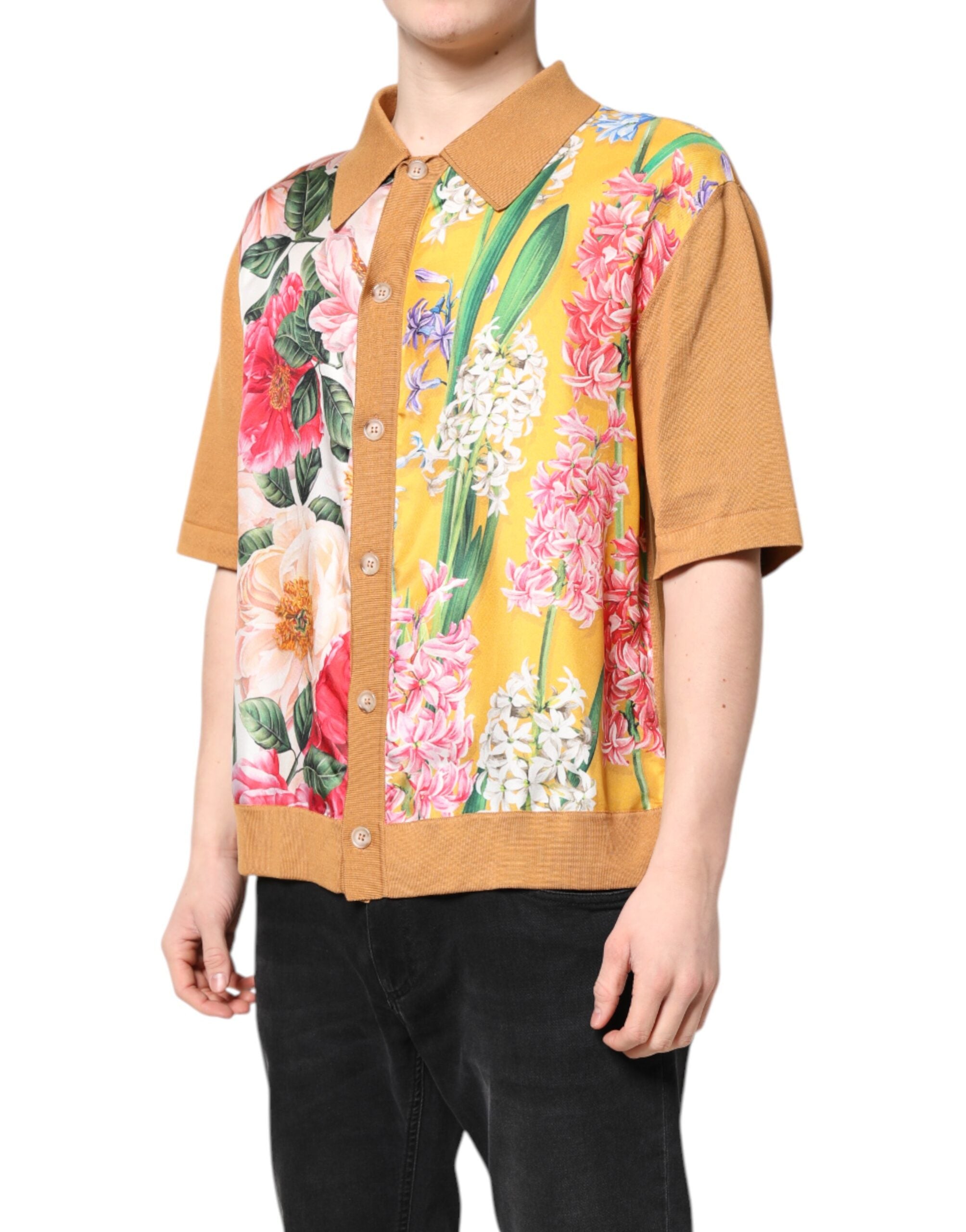 Dolce &amp; Gabbana Brun T-shirt med korte ærmer og blomsterkrave