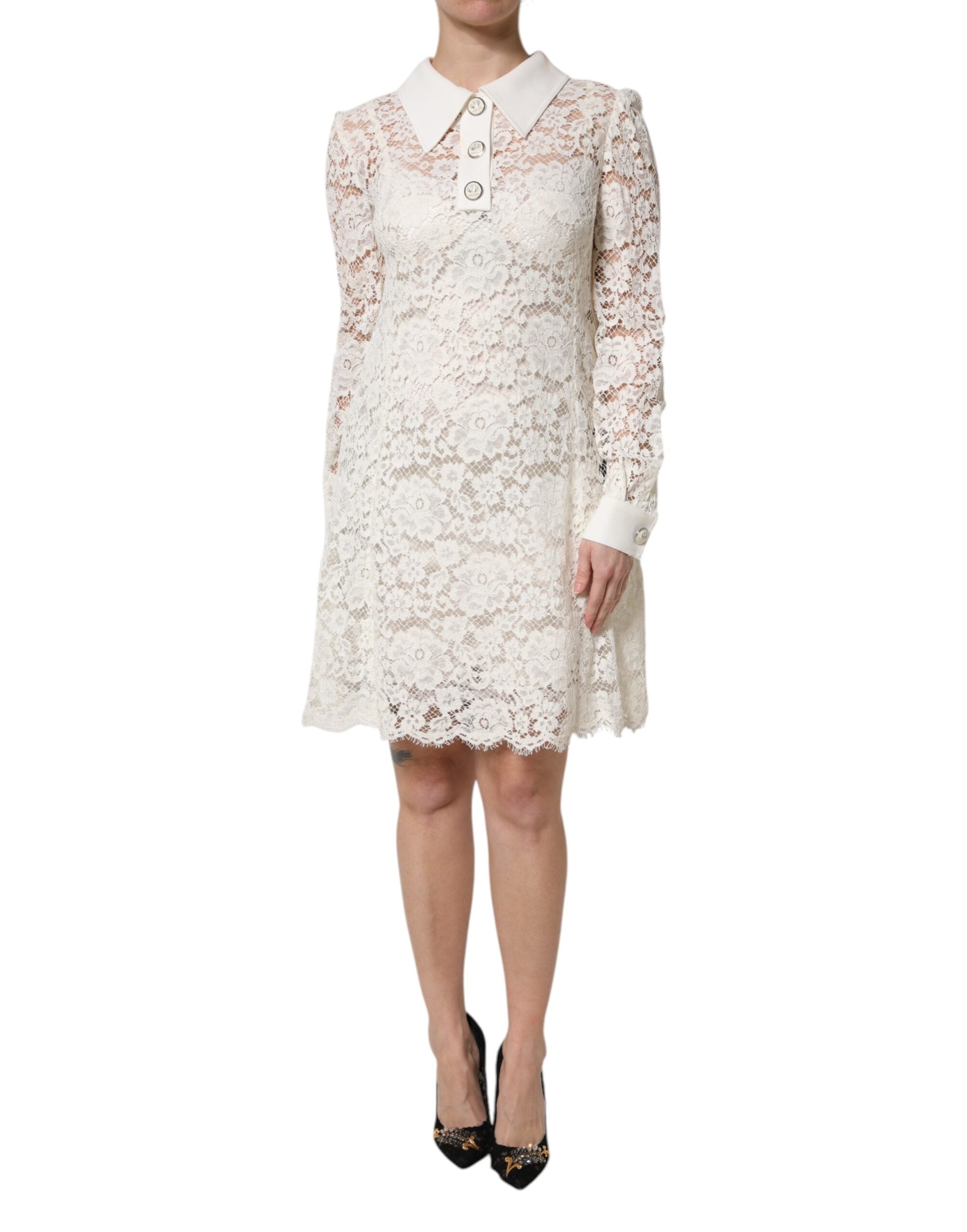 Dolce &amp; Gabbana Hvid Blomsterkjole med Lange Ærmer og Blonde