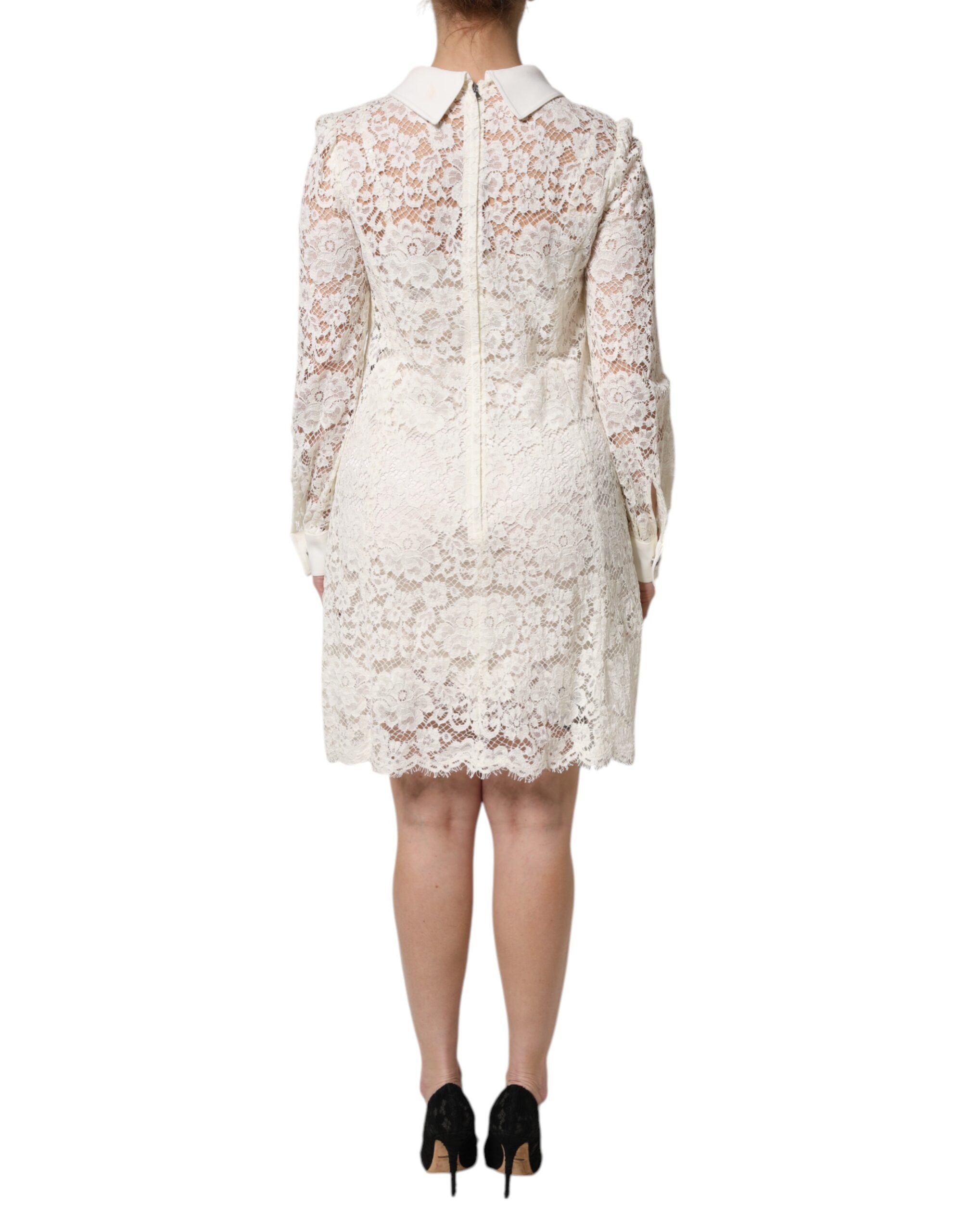 Dolce &amp; Gabbana Hvid Blomsterkjole med Lange Ærmer og Blonde