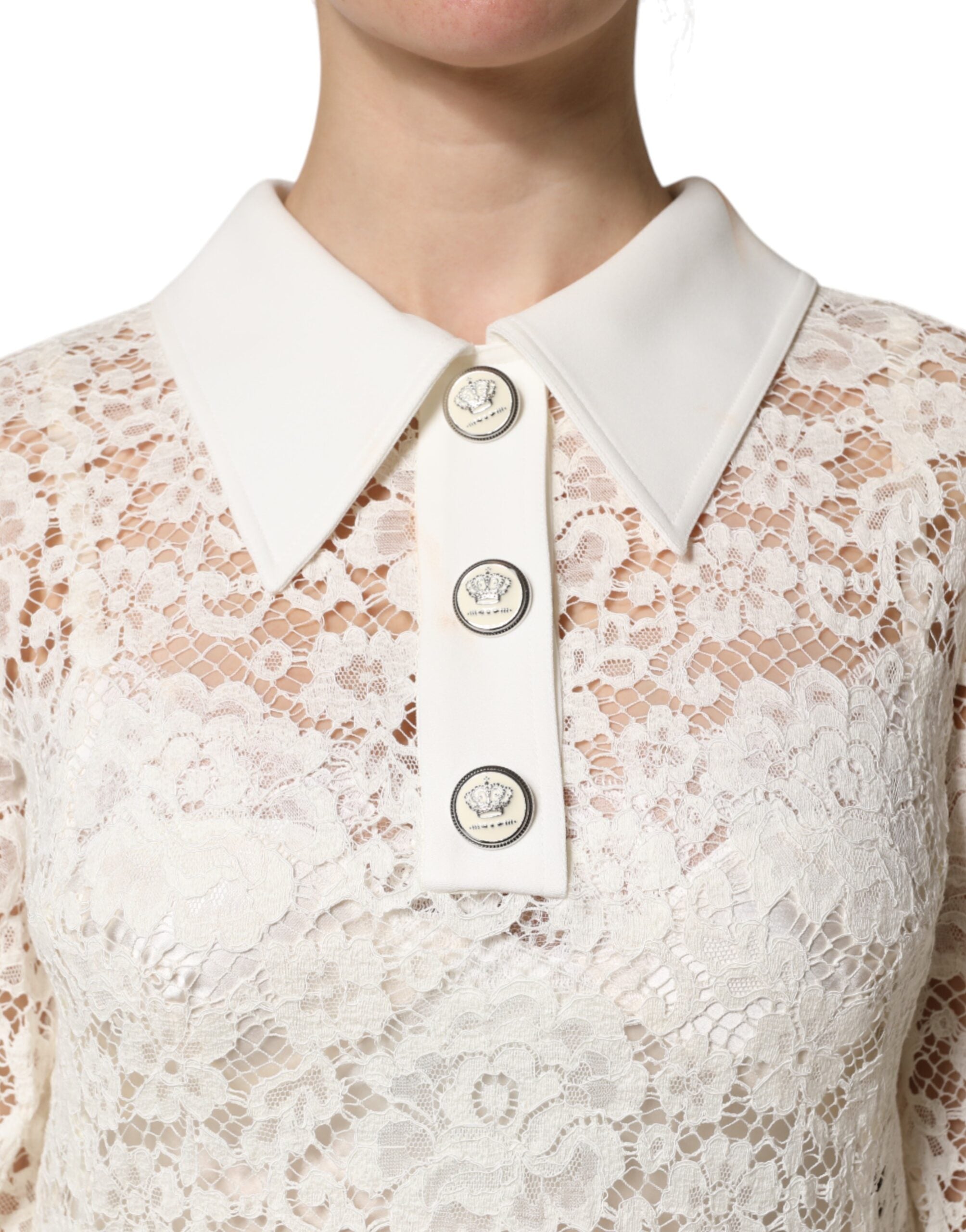 Dolce &amp; Gabbana Hvid Blomsterkjole med Lange Ærmer og Blonde