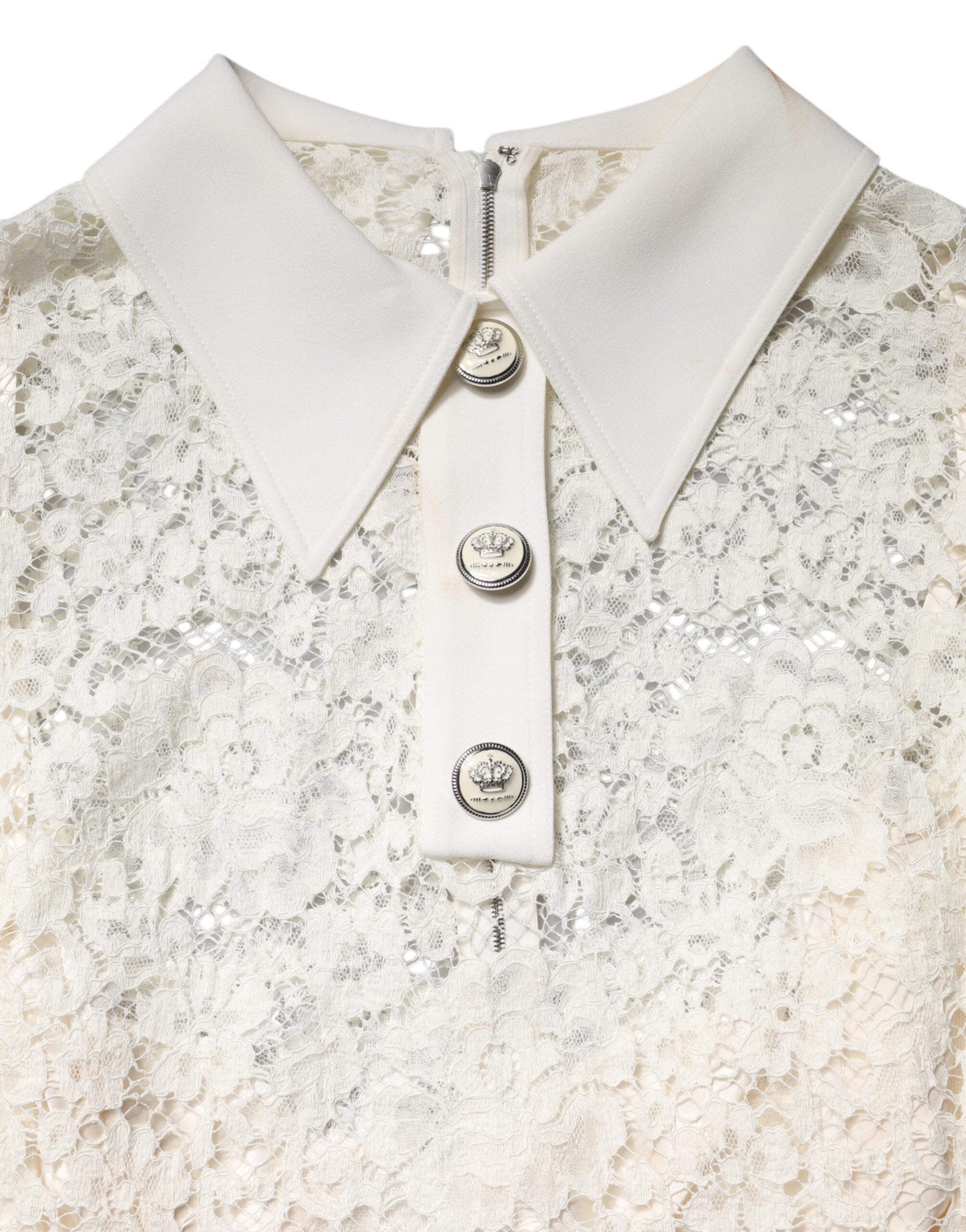 Dolce &amp; Gabbana Hvid Blomsterkjole med Lange Ærmer og Blonde