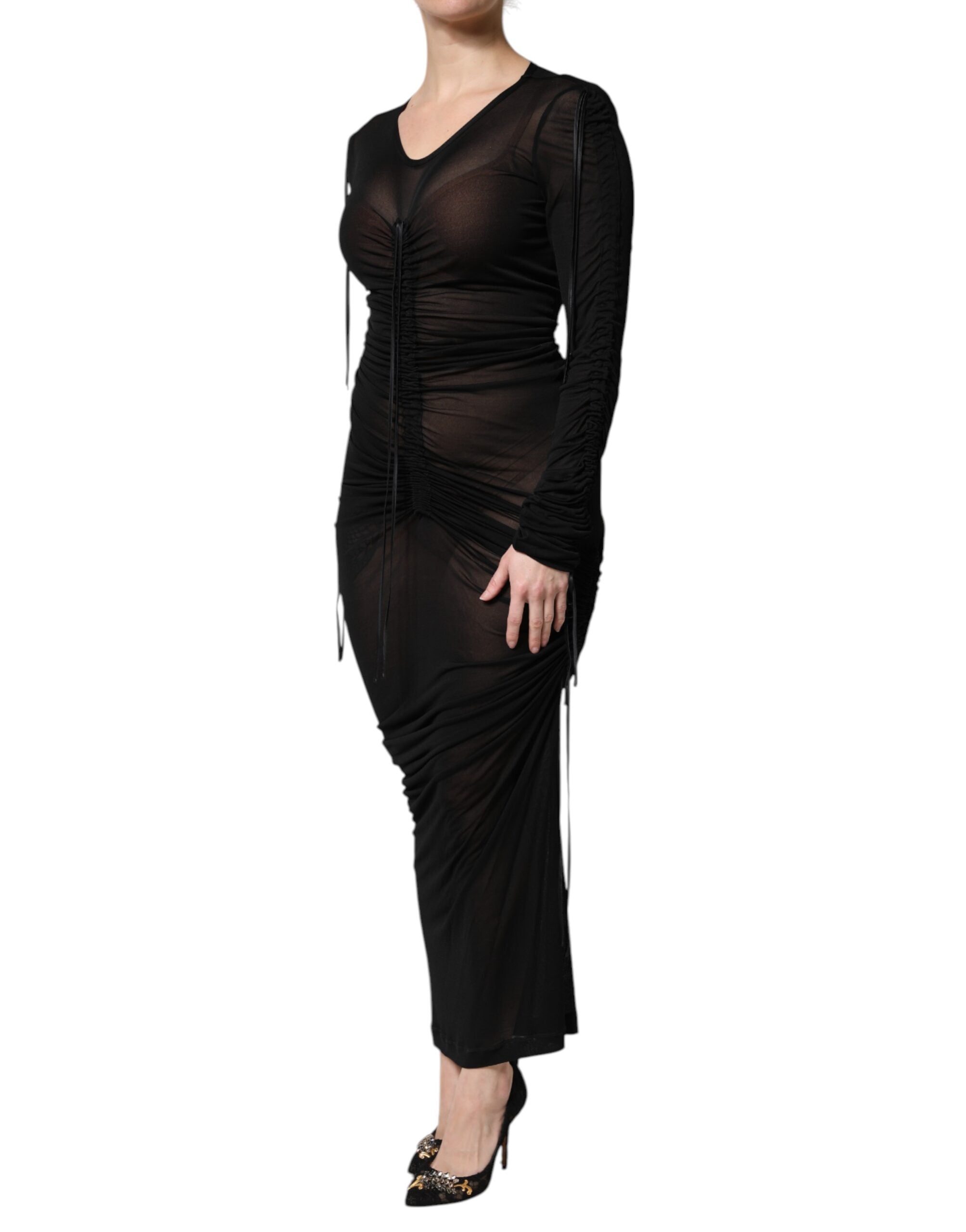 Dolce &amp; Gabbana Sort Lang Kjole med Mesh-kant og Bodycon-detaljer