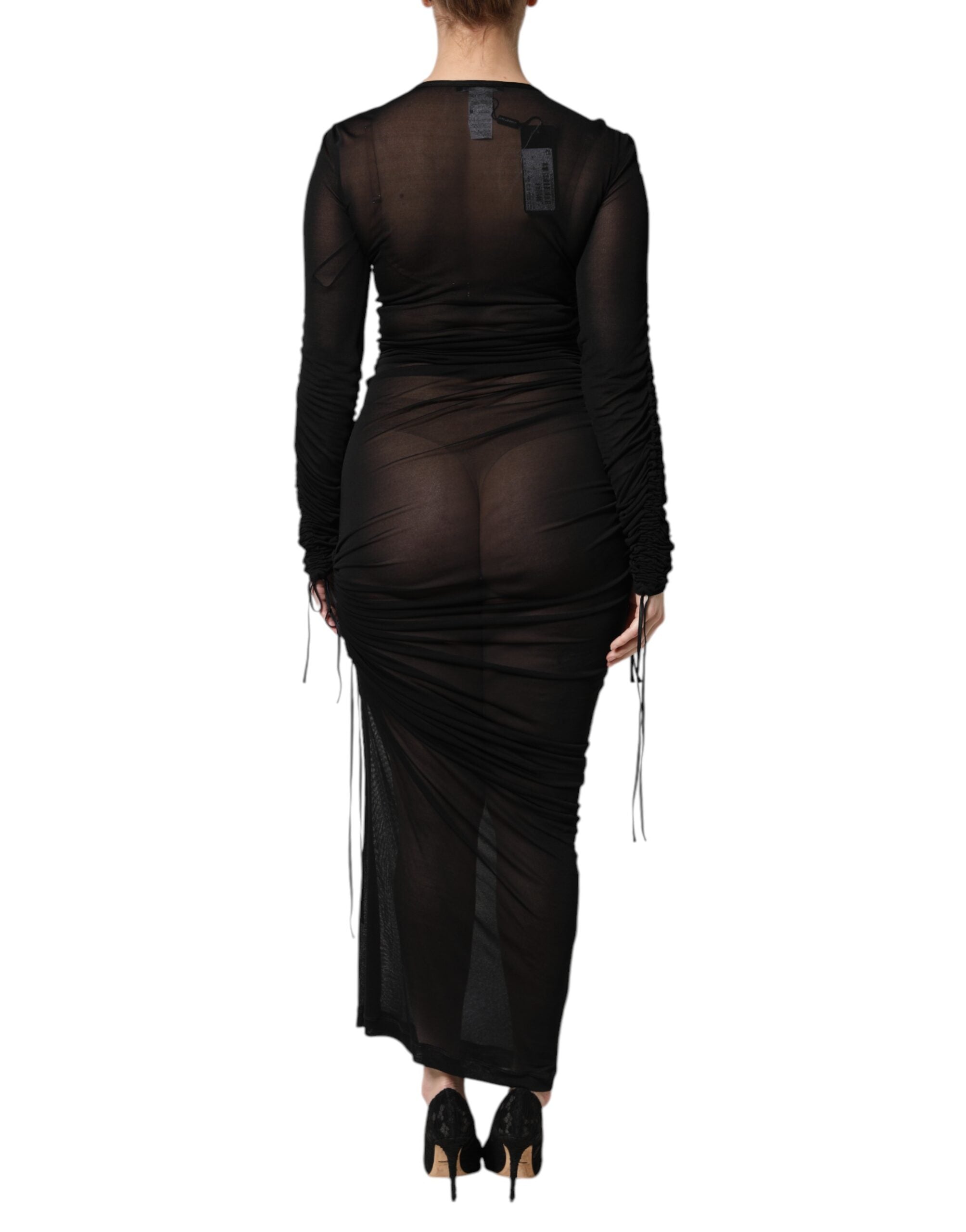 Dolce &amp; Gabbana Sort Lang Kjole med Mesh-kant og Bodycon-detaljer