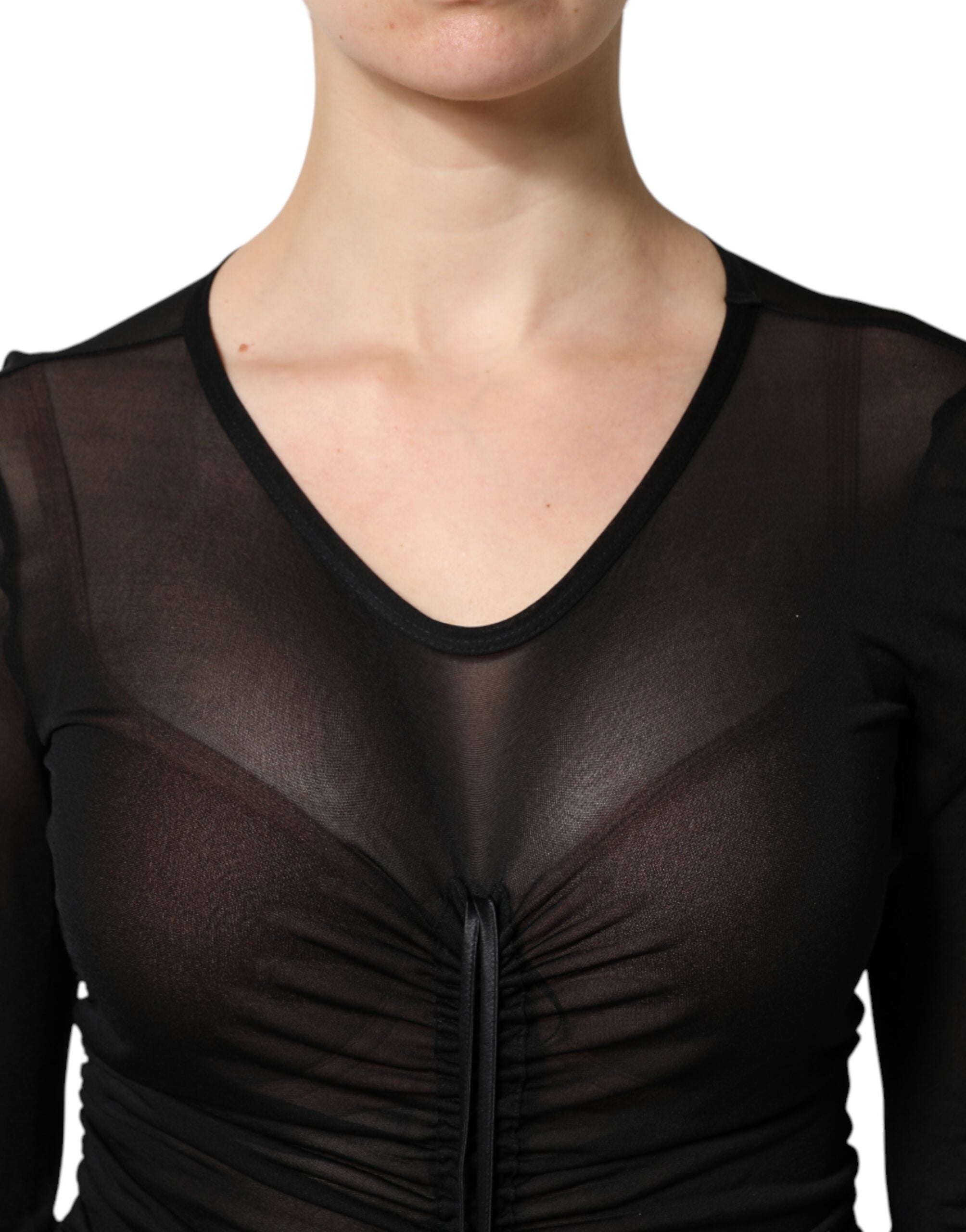 Dolce &amp; Gabbana Sort Lang Kjole med Mesh-kant og Bodycon-detaljer