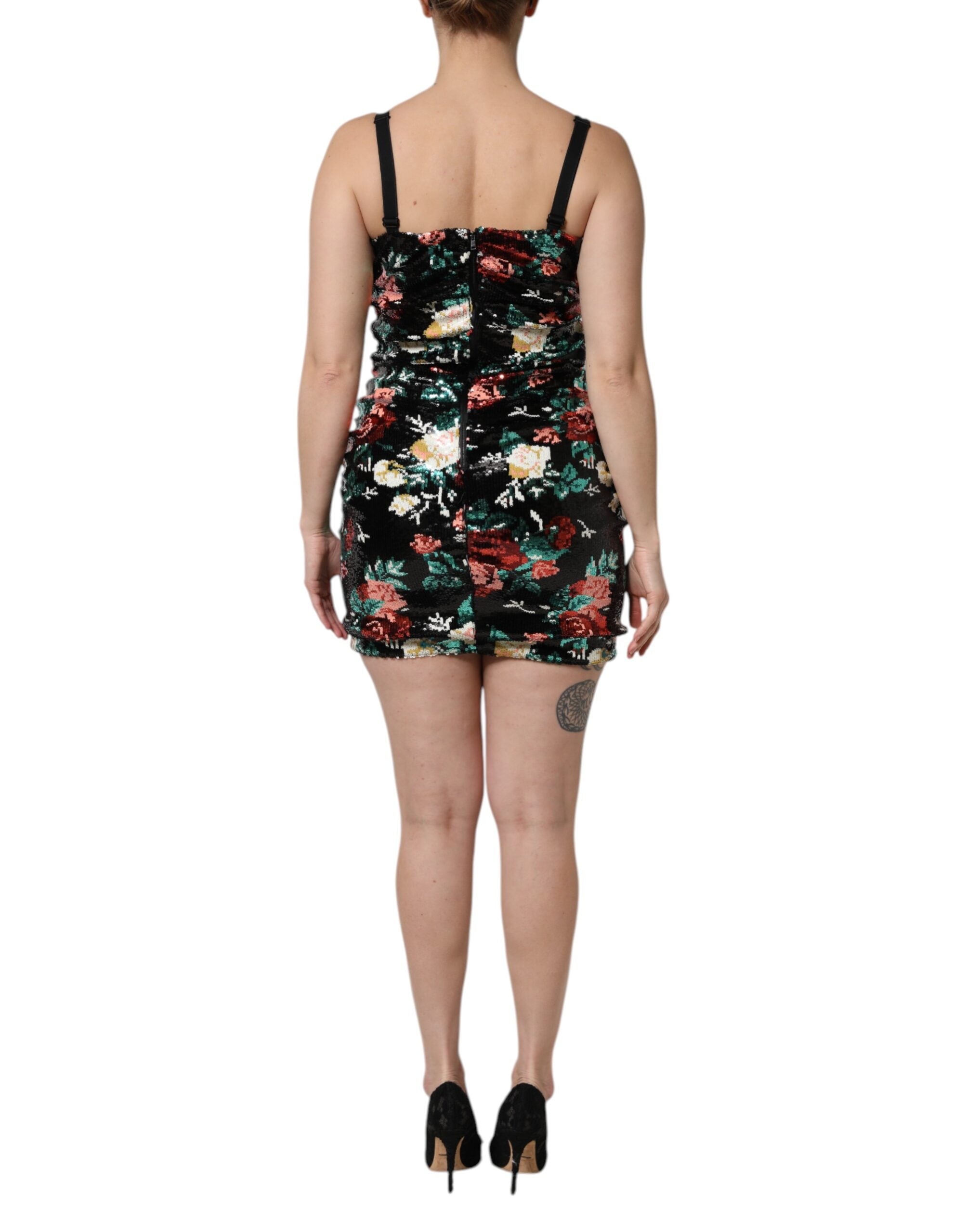 Dolce &amp; Gabbana Sort Blomster-Paillet Ærmeløs Skedekjole