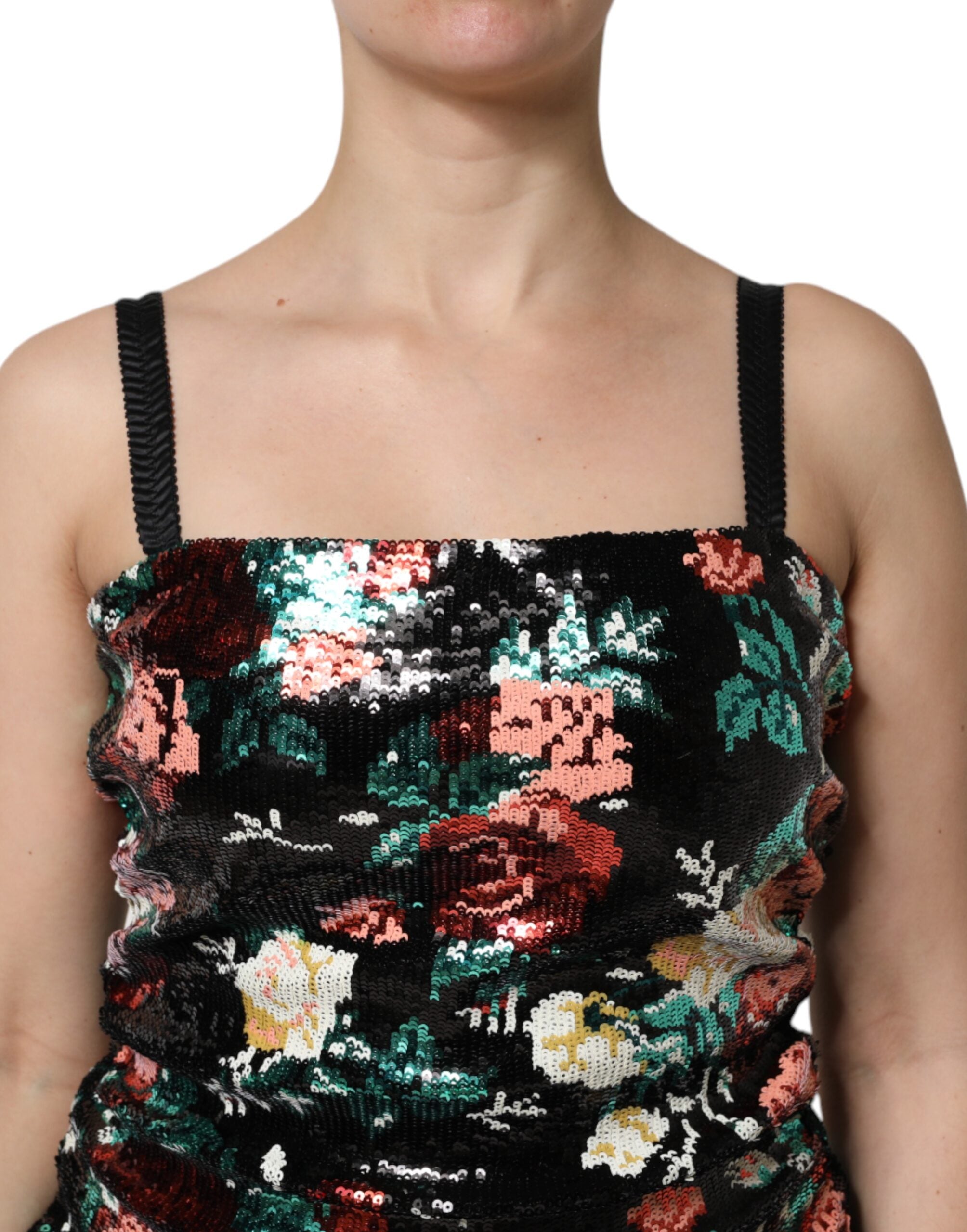 Dolce &amp; Gabbana Sort Blomster-Paillet Ærmeløs Skedekjole