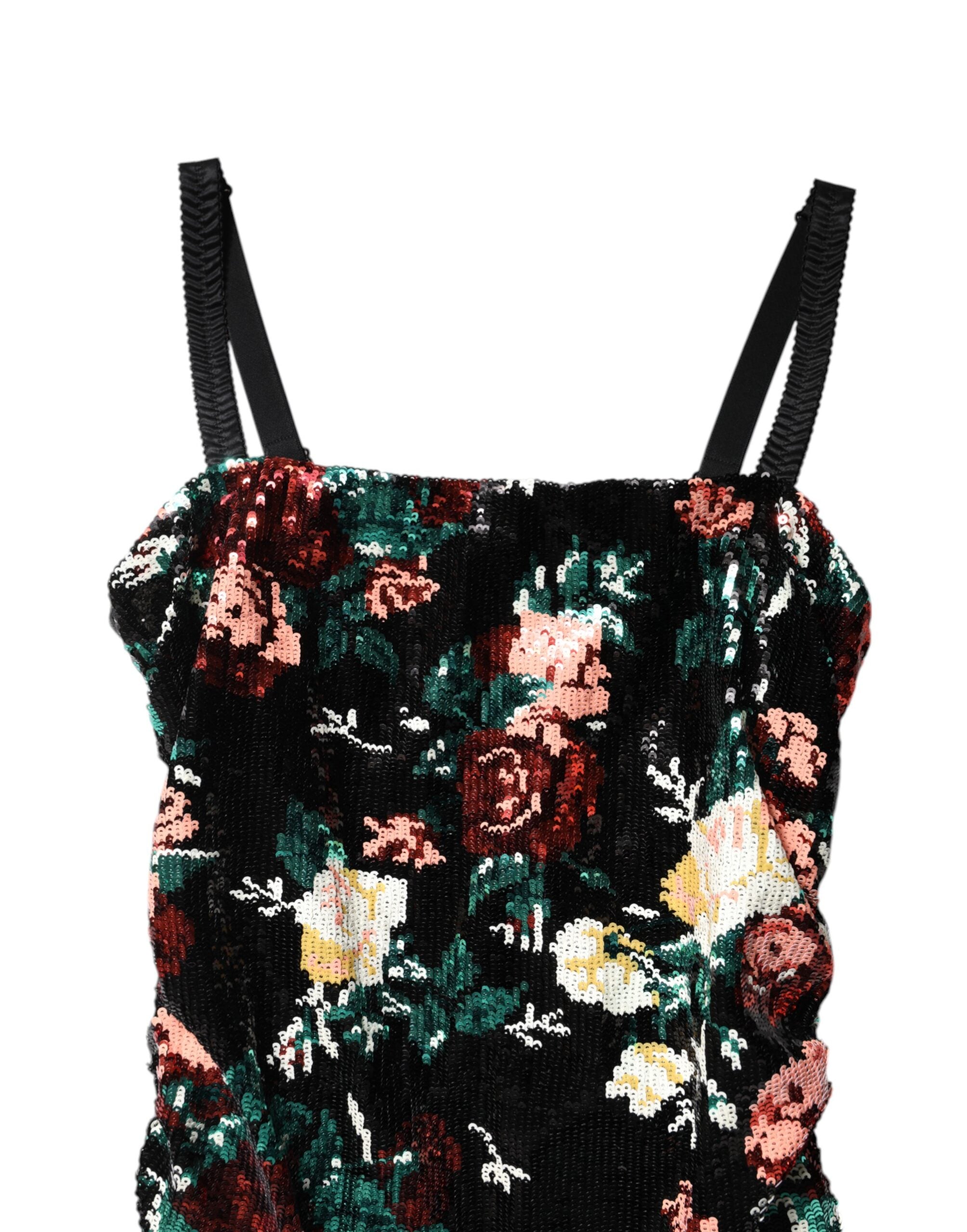 Dolce &amp; Gabbana Sort Blomster-Paillet Ærmeløs Skedekjole