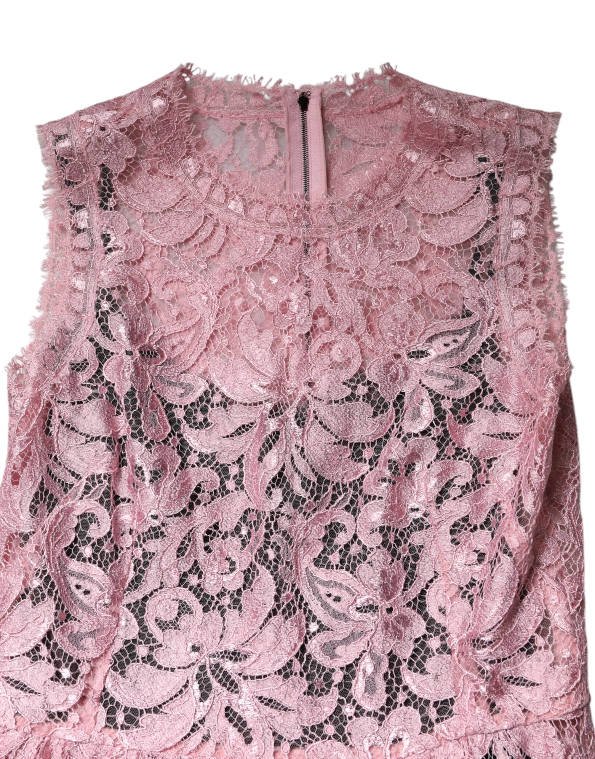 Dolce &amp; Gabbana Lyserød Blomsterkjole med Blonde Ærmeløs Skedekjole