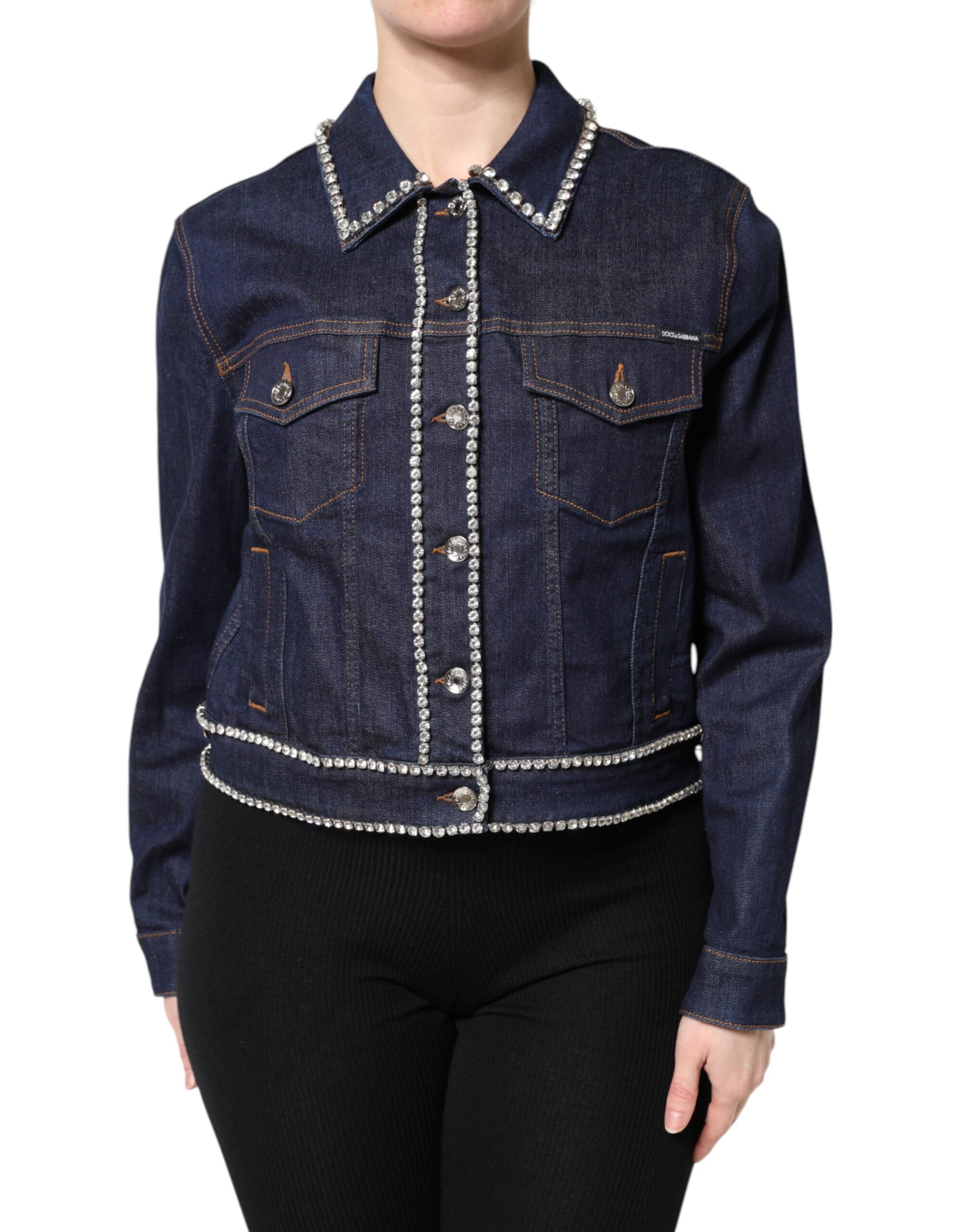 Dolce &amp; Gabbana Blå Denim Bomuldsjakke med Krystaludsmykning