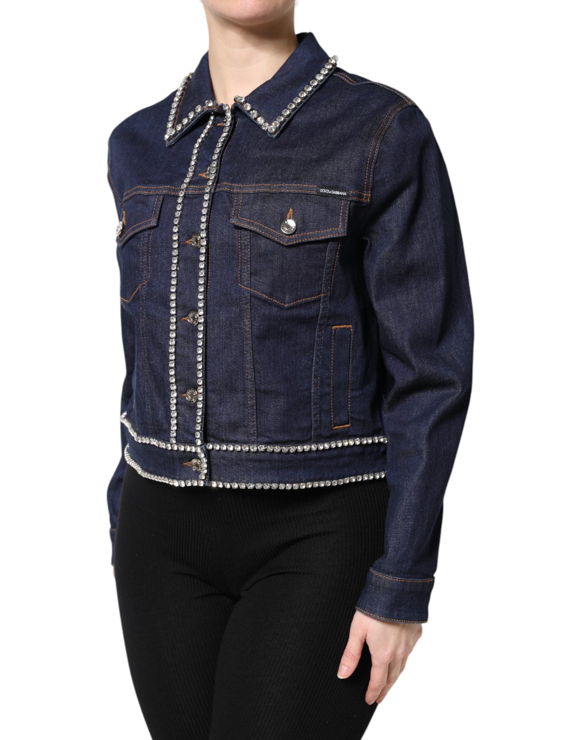 Dolce &amp; Gabbana Blå Denim Bomuldsjakke med Krystaludsmykning