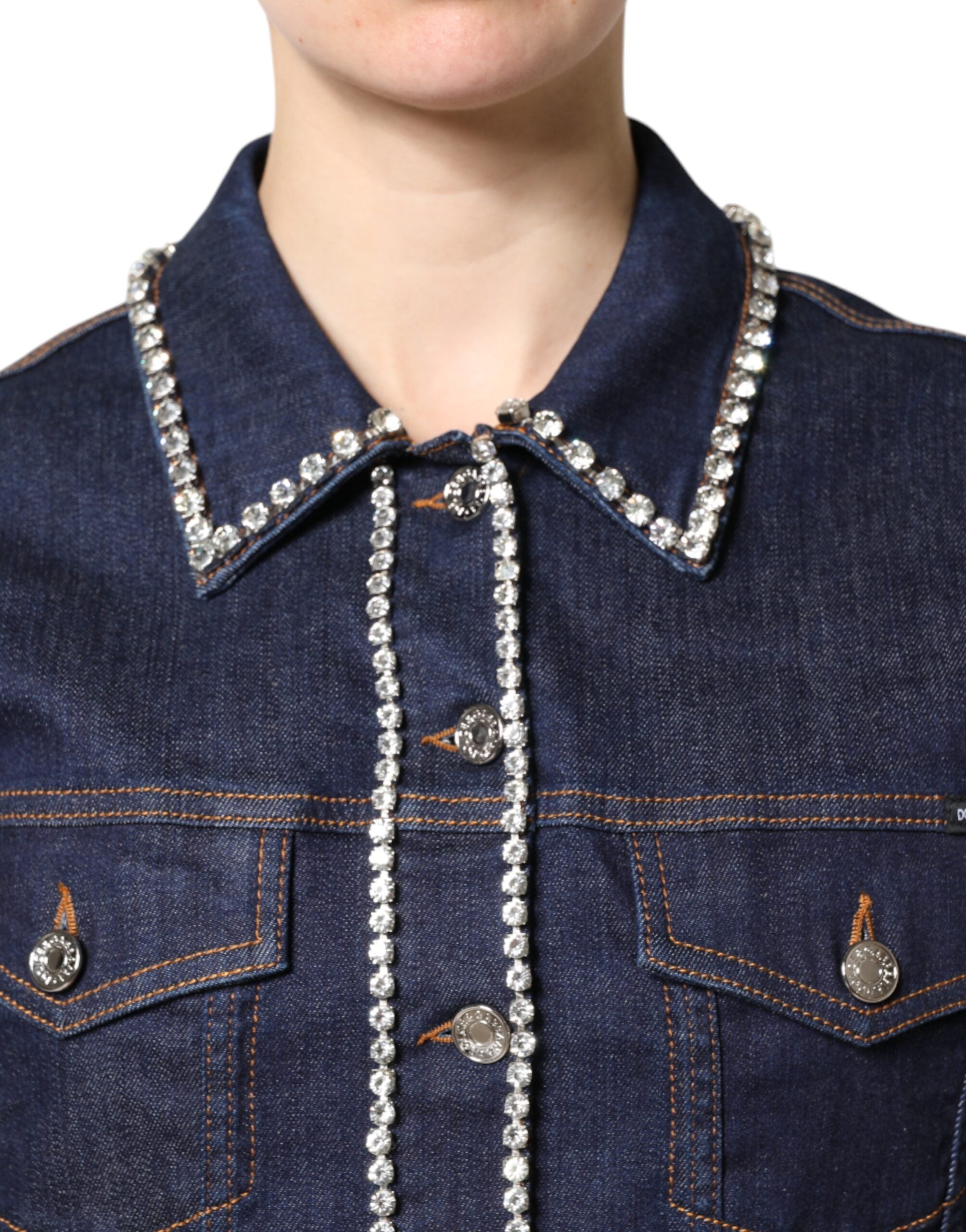 Dolce &amp; Gabbana Blå Denim Bomuldsjakke med Krystaludsmykning