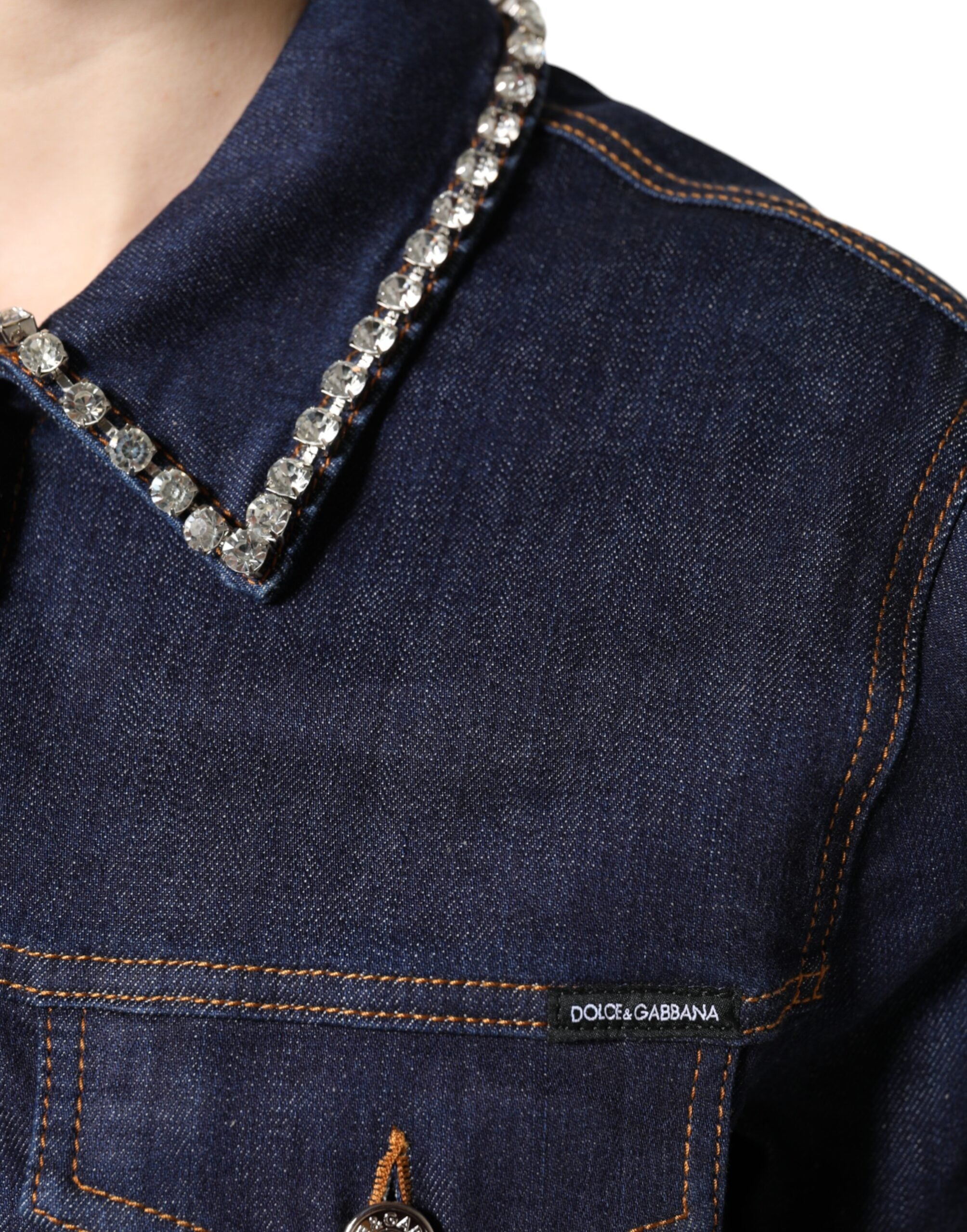 Dolce &amp; Gabbana Blå Denim Bomuldsjakke med Krystaludsmykning