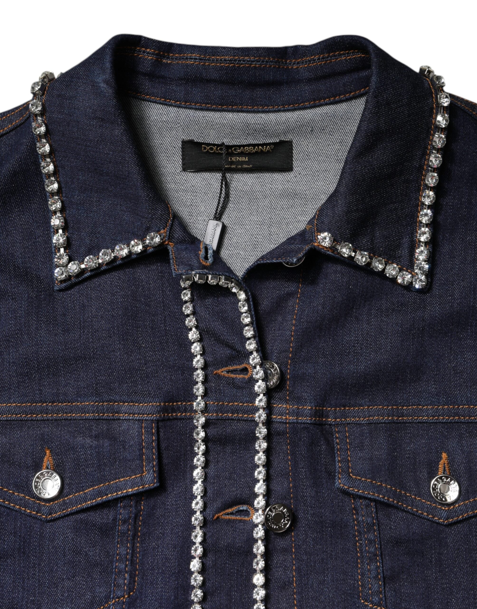 Dolce &amp; Gabbana Blå Denim Bomuldsjakke med Krystaludsmykning