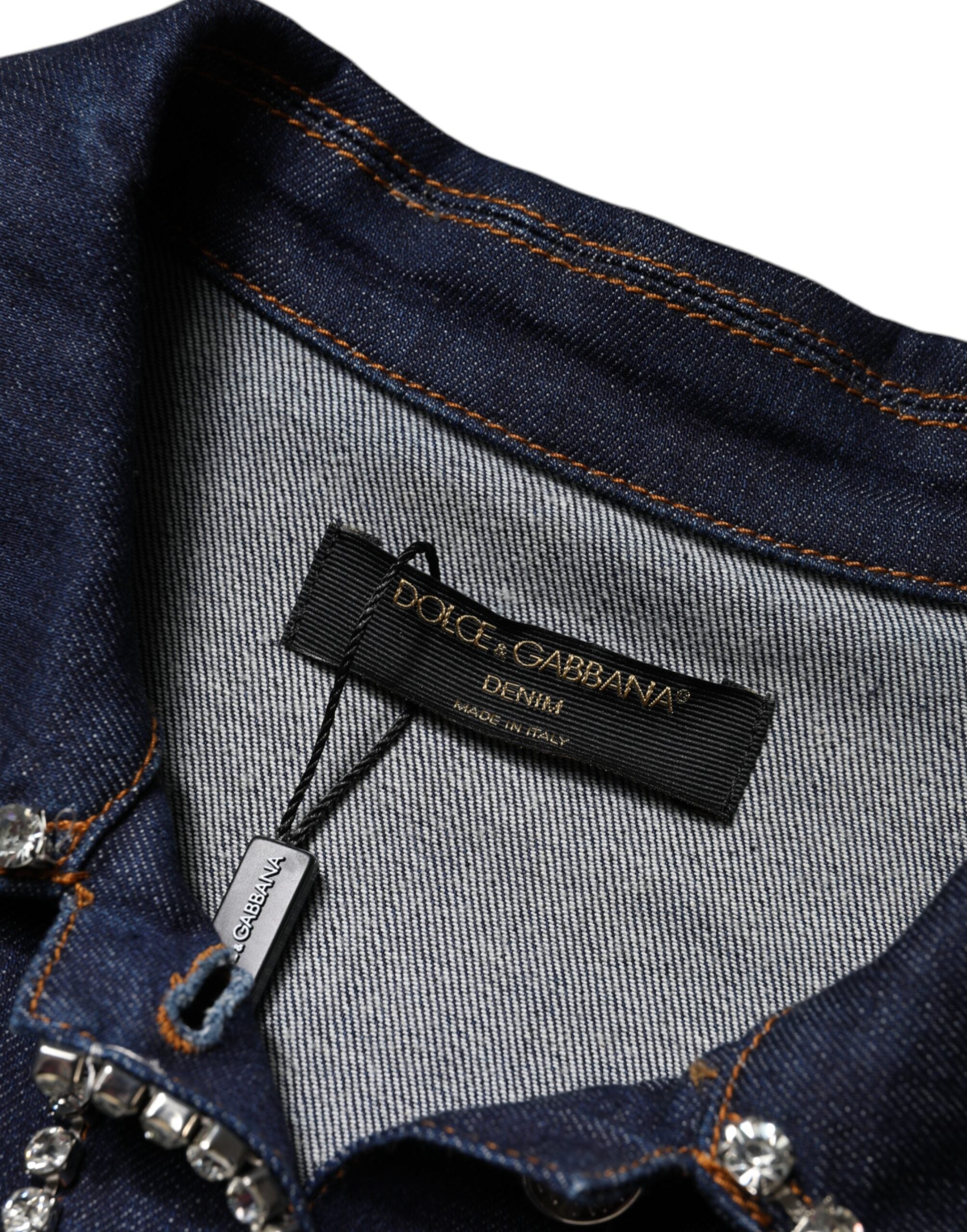 Dolce &amp; Gabbana Blå Denim Bomuldsjakke med Krystaludsmykning