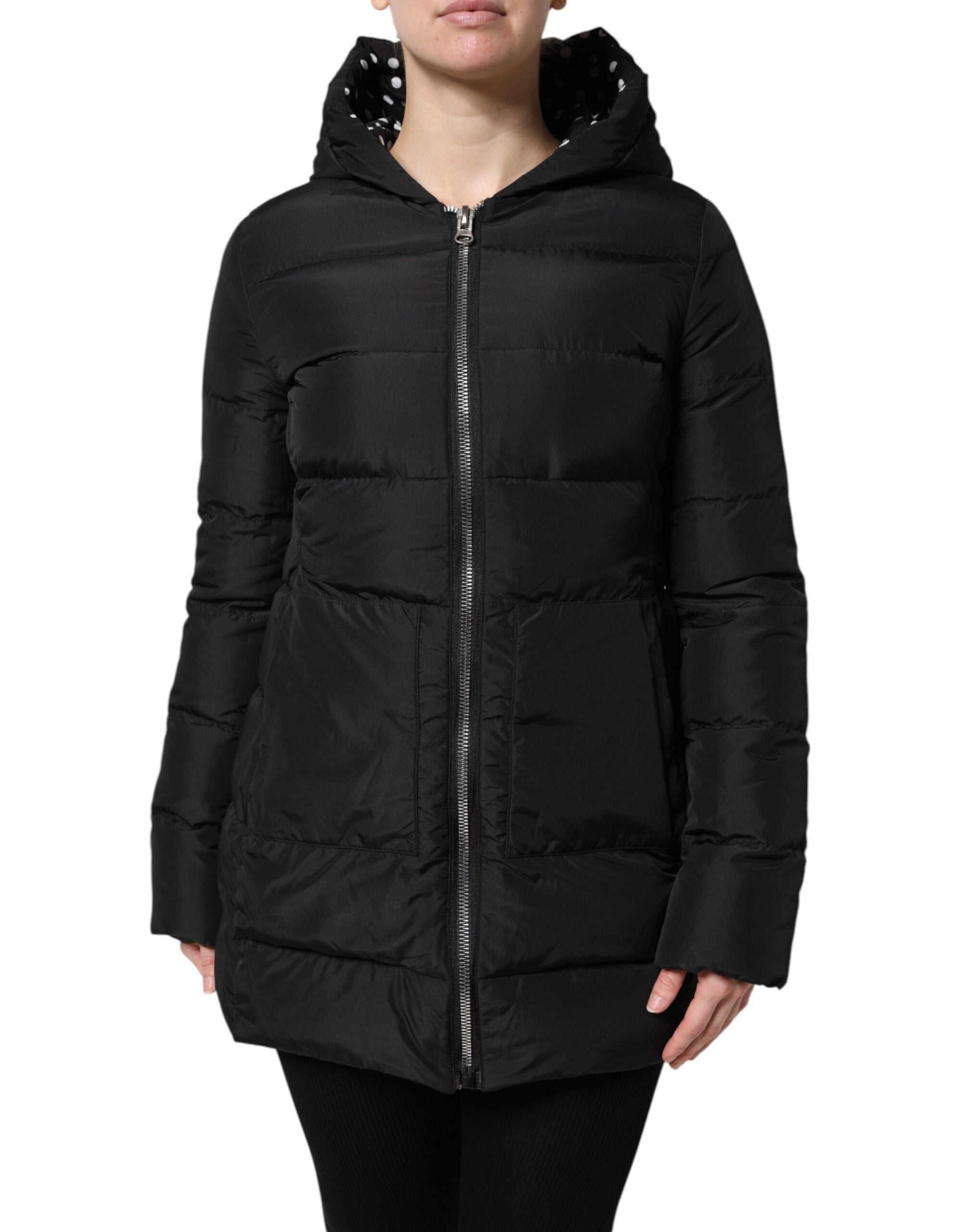 Dolce &amp; Gabbana Sort Puffer Hættejakke med Lynlås og Vendbar
