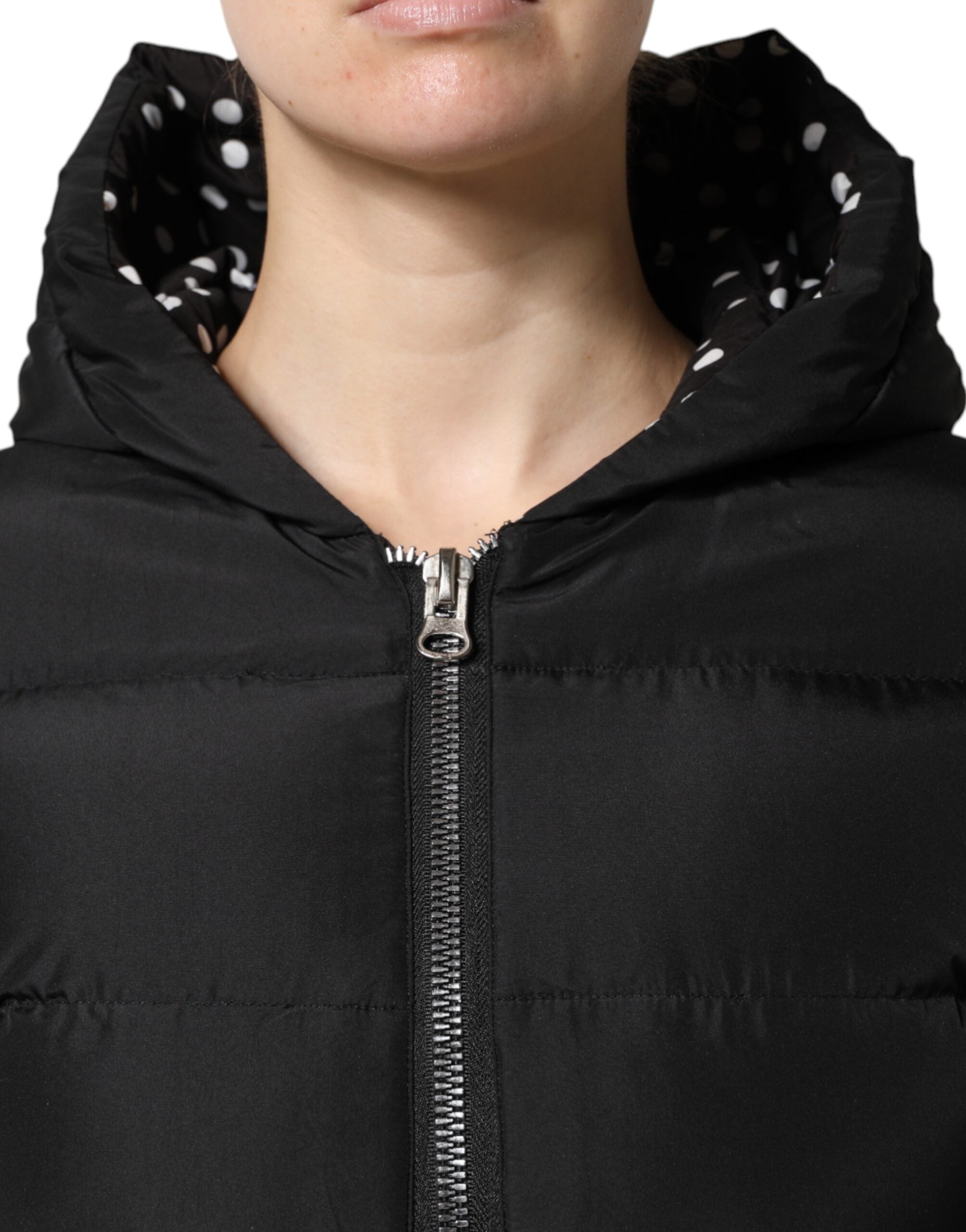 Dolce &amp; Gabbana Sort Puffer Hættejakke med Lynlås og Vendbar