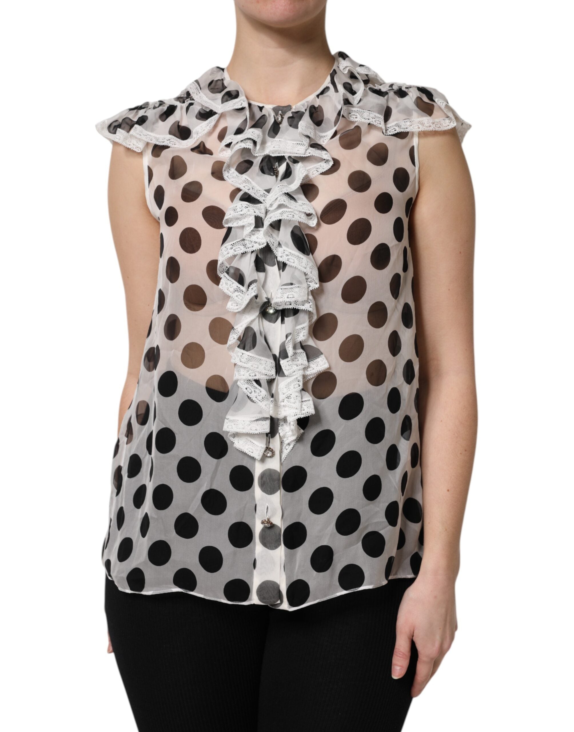Dolce &amp; Gabbana Hvid Sort Polka Dot Bomuld ærmeløs top