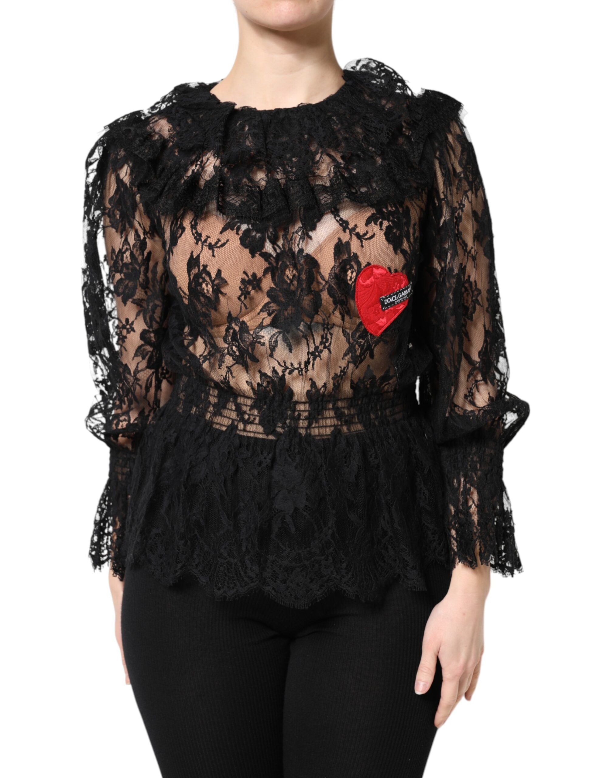 Dolce &amp; Gabbana Sort bomuldsbluse med blomsterprint og blonder til kvinder