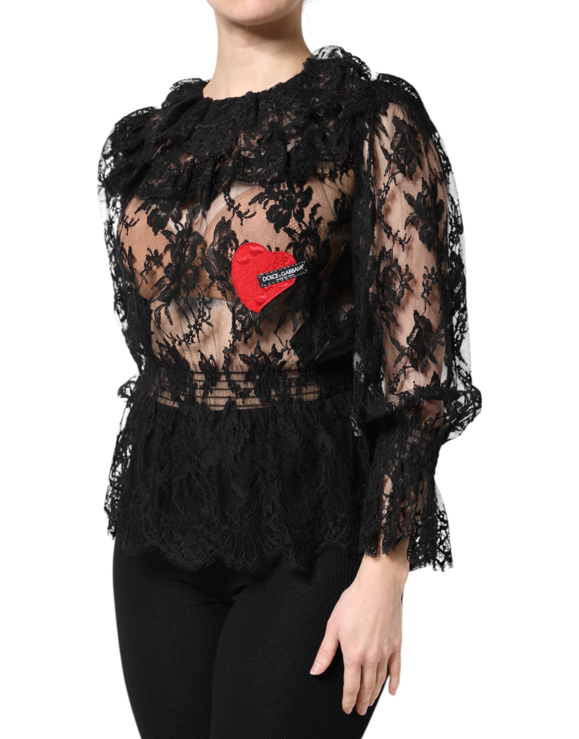 Dolce &amp; Gabbana Sort bomuldsbluse med blomsterprint og blonder til kvinder