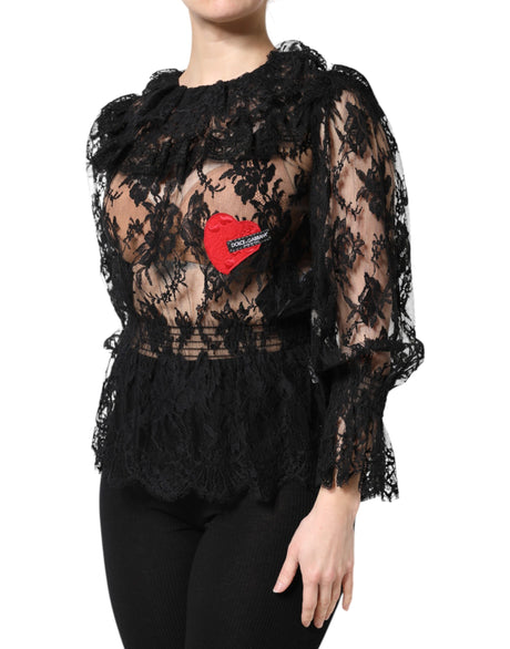 Dolce &amp; Gabbana Sort bomuldsbluse med blomsterprint og blonder til kvinder