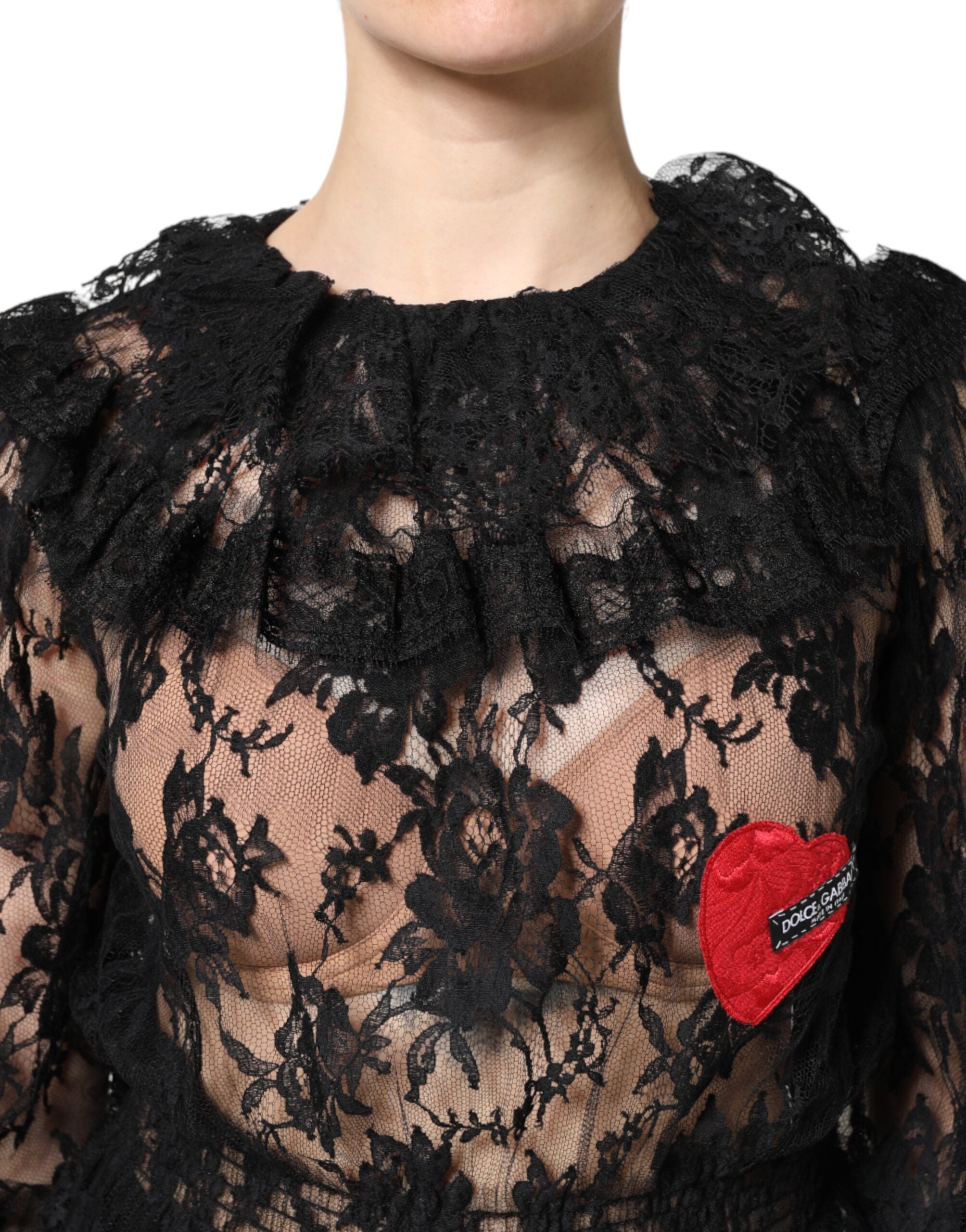 Dolce &amp; Gabbana Sort bomuldsbluse med blomsterprint og blonder til kvinder
