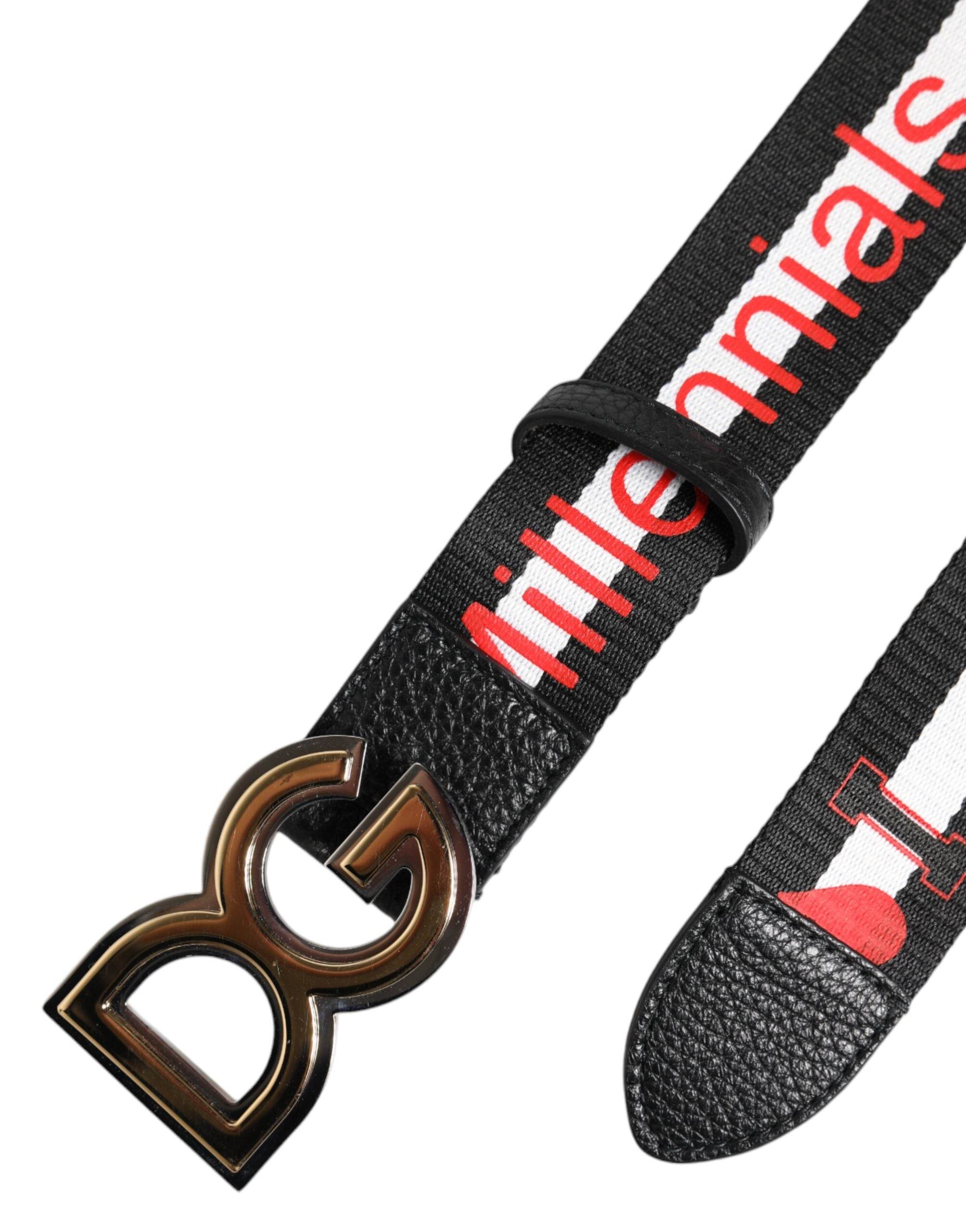 Dolce & Gabbana Black Cotton Logo Print DG Buckle Belt - Hilstor